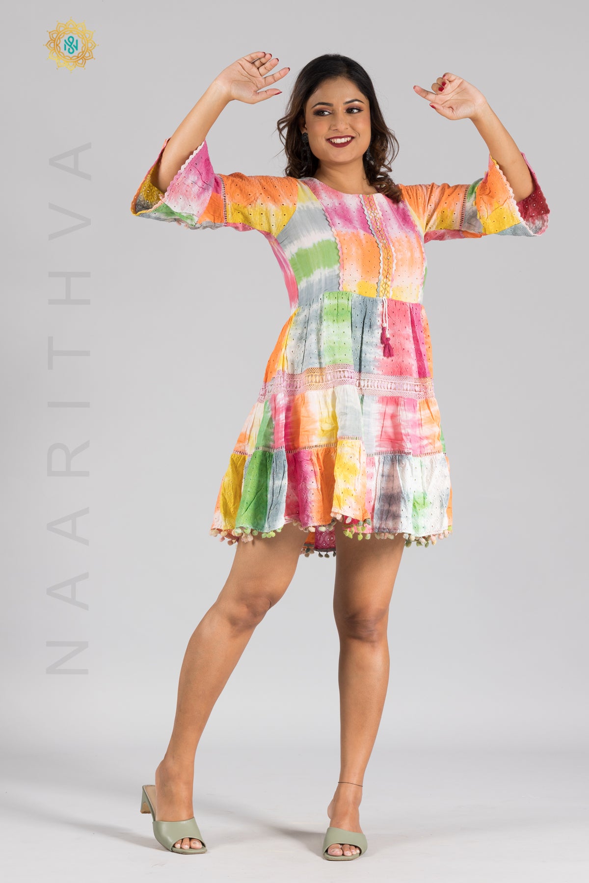 MULTI COLOUR - TUNIC KURTI IN COTTON SCHIFFLI FABRIC WITH BELL SLEEVES