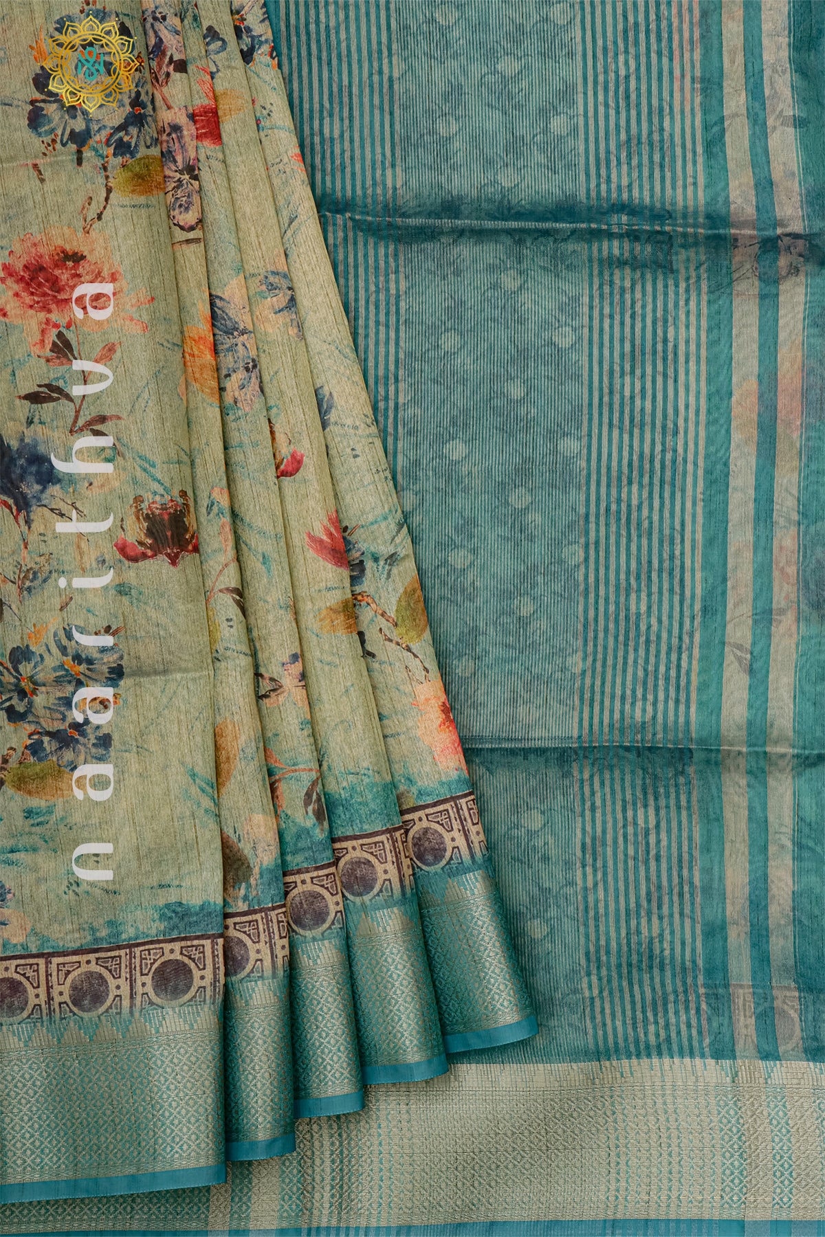 BEIGE WITH SKY BLUE - SEMI TUSSAR SILK