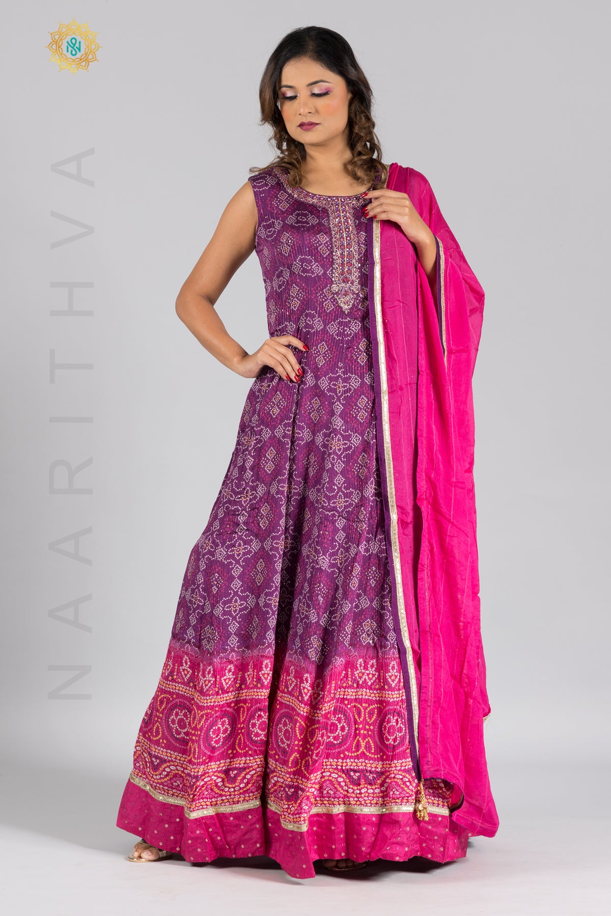 PURPLE WITH PINK - PARTY WEAR GOWN WITH NECK LINE HAND WORK & DUPATTA