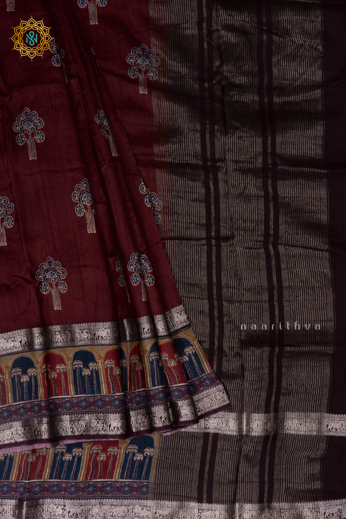 Maroon With Brown Printed Semi Crepe Silk With Contrast Border, Pallu
