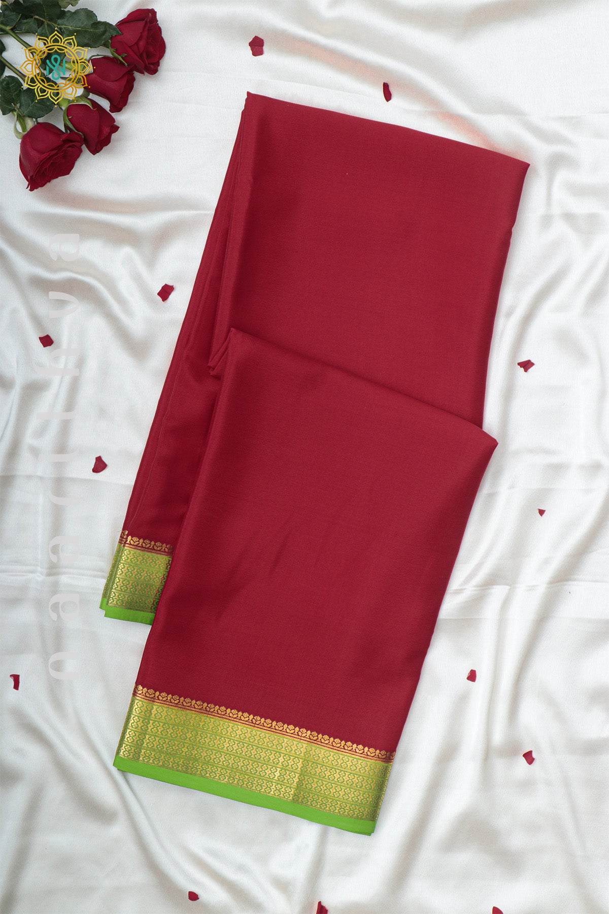 RED WITH PARROT GREEN - PURE MYSORE CREPE SILK