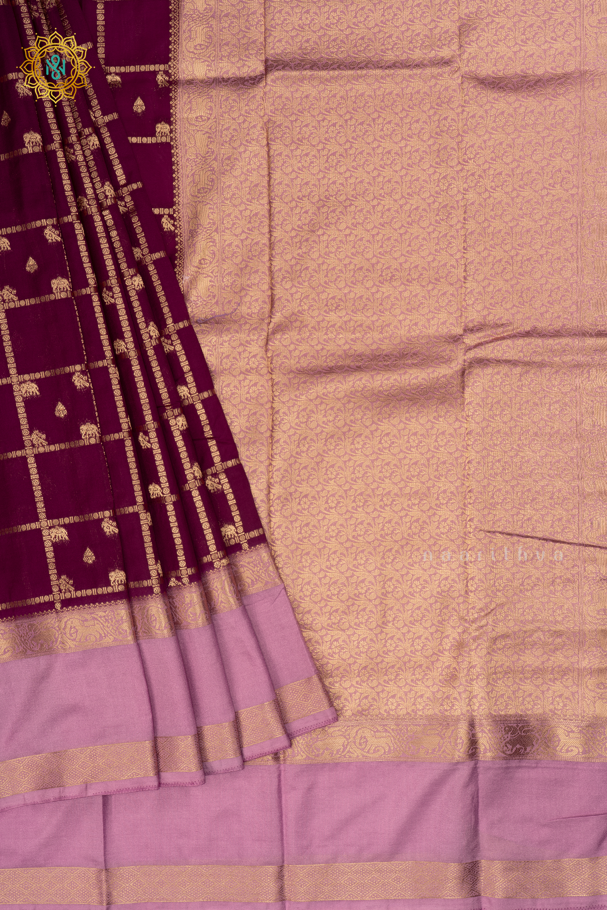 Wine With Pinkish Lavender Semi Crepe Silk Saree All Over Zari Checks And Buttas With Contrast Zari Gap Border