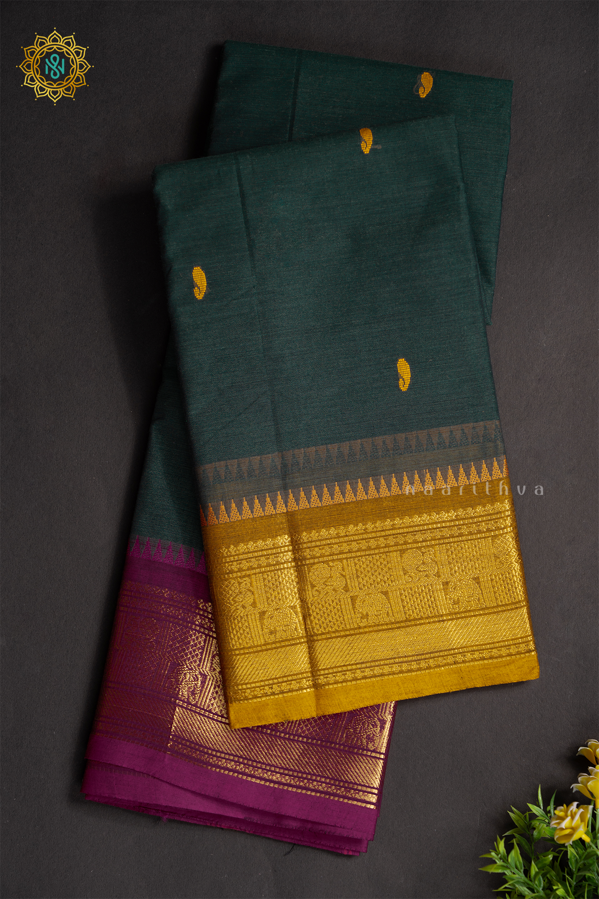 BOTTLE GREEN WITH MUSTARD & MAGENTA - CHETTINAD COTTON