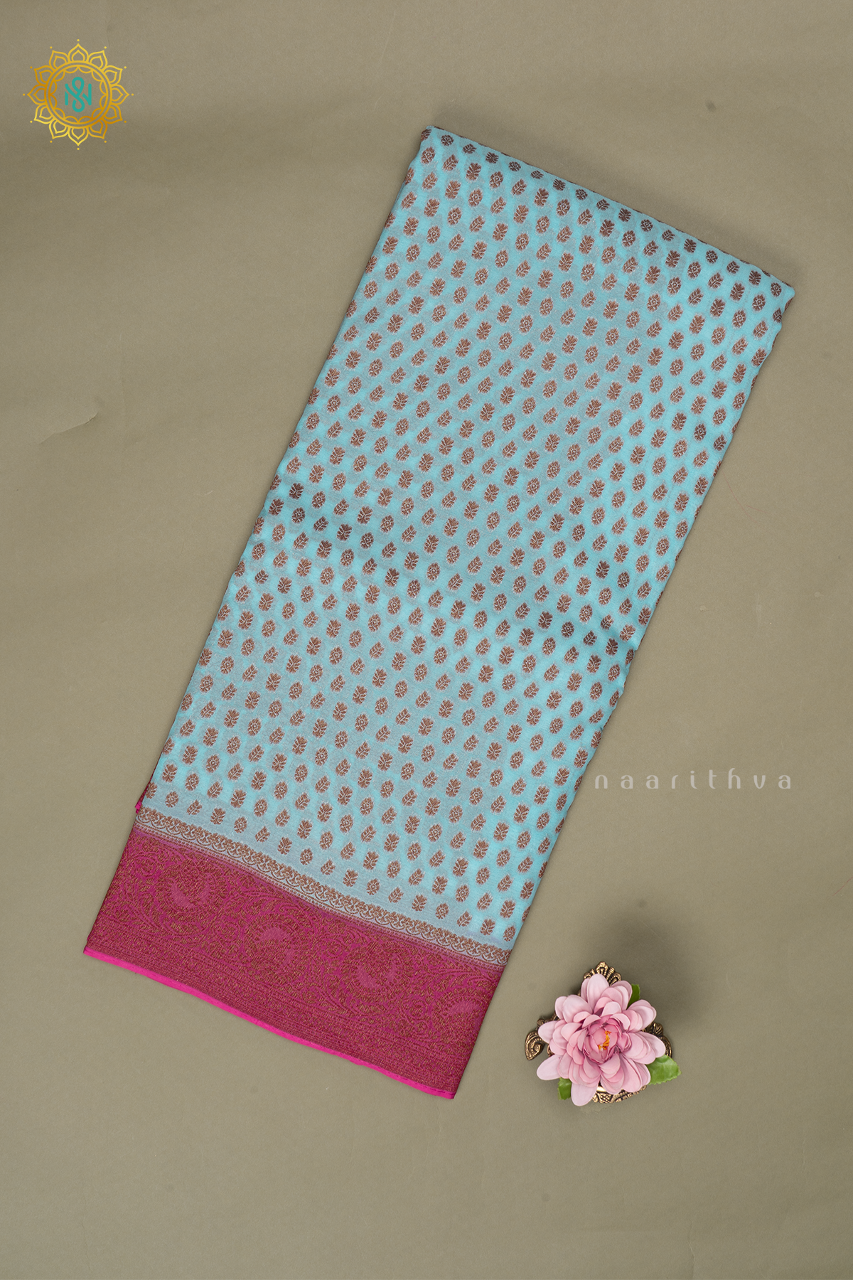 Aqua Blue With Pink Semi Banarasi Georgette Saree Allover Zari Buttas On The Body With Contrast Zari Border & Pallu