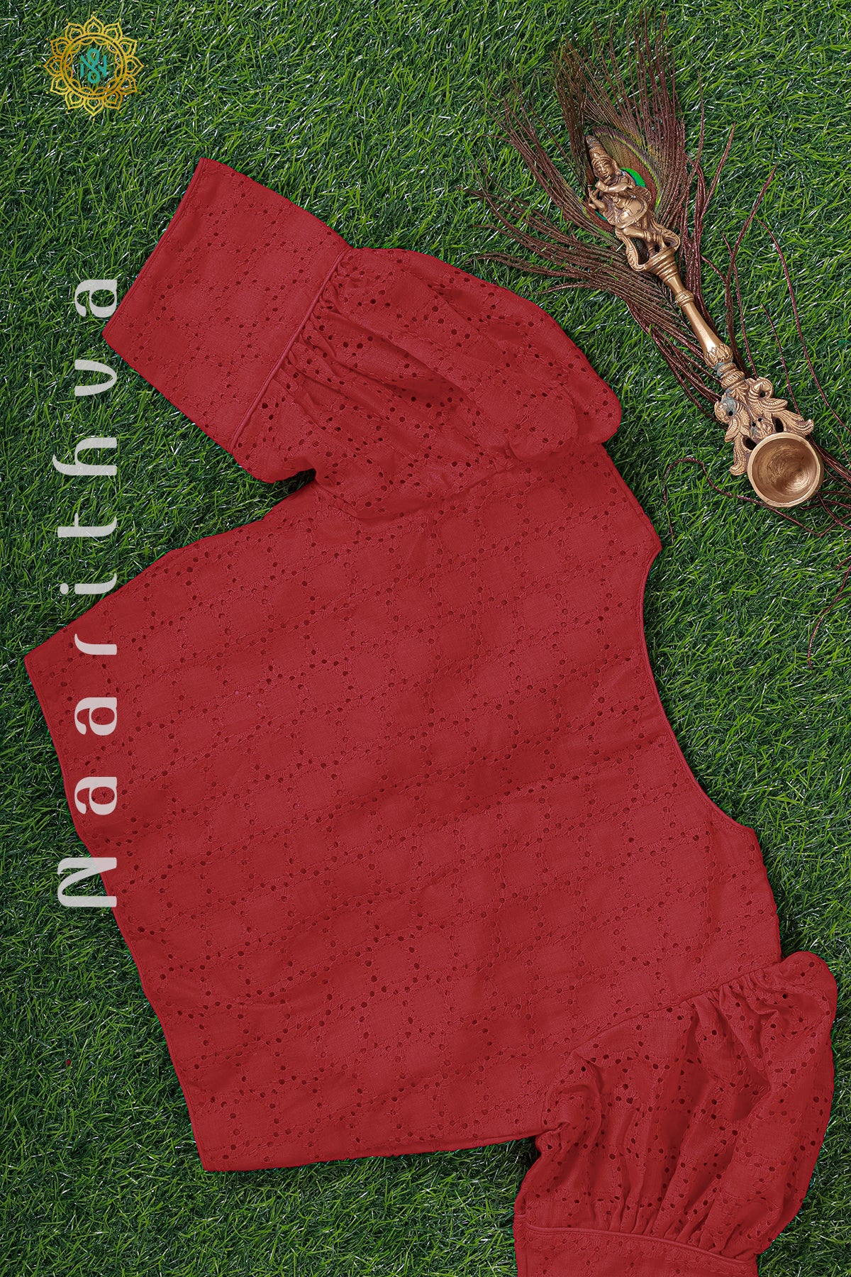 RED - READYMADE COTTON HAKOBA BLOUSE WITH PUFF SLEEVES