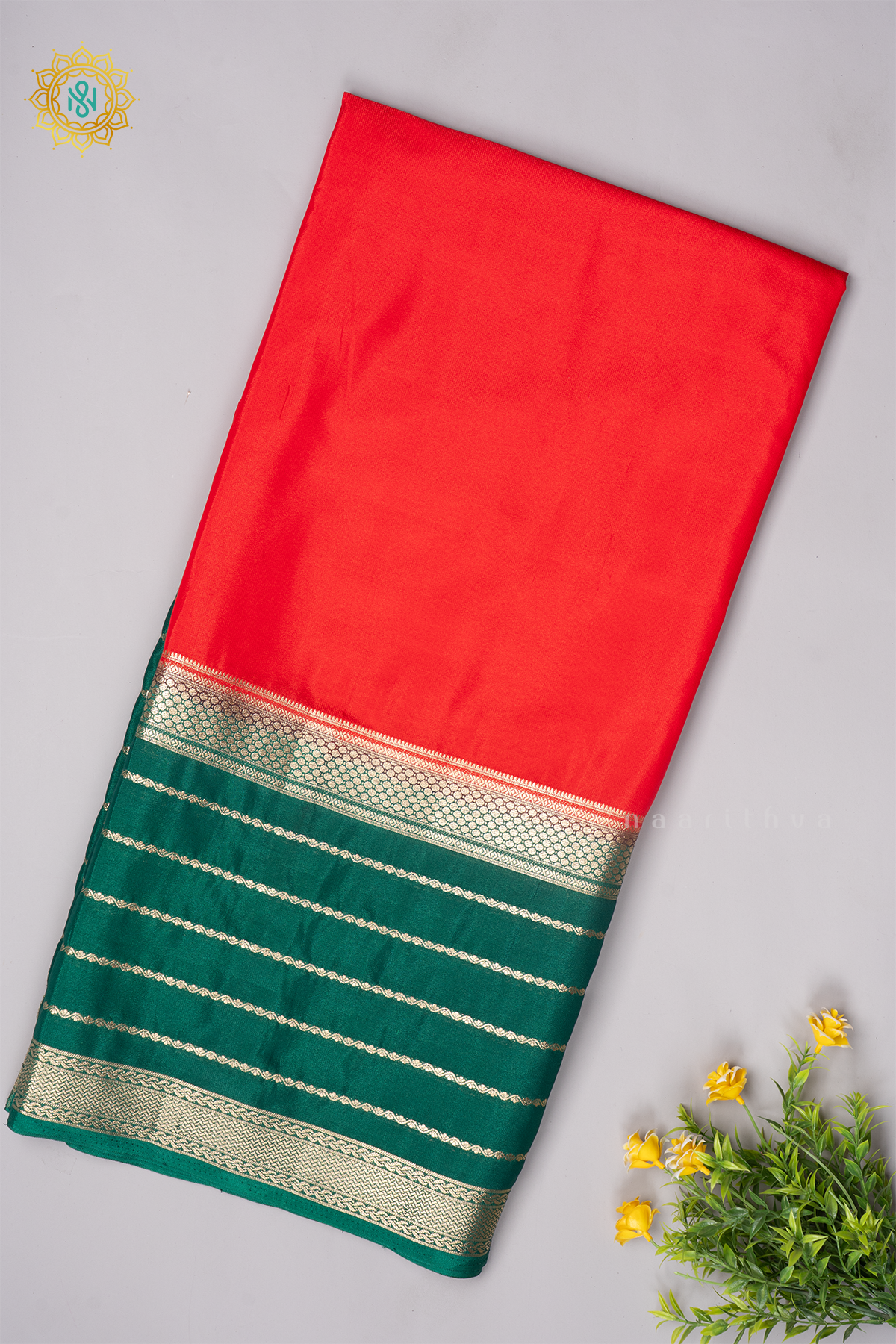 RED WITH GREEN - SEMI MYSORE CREPE SILK