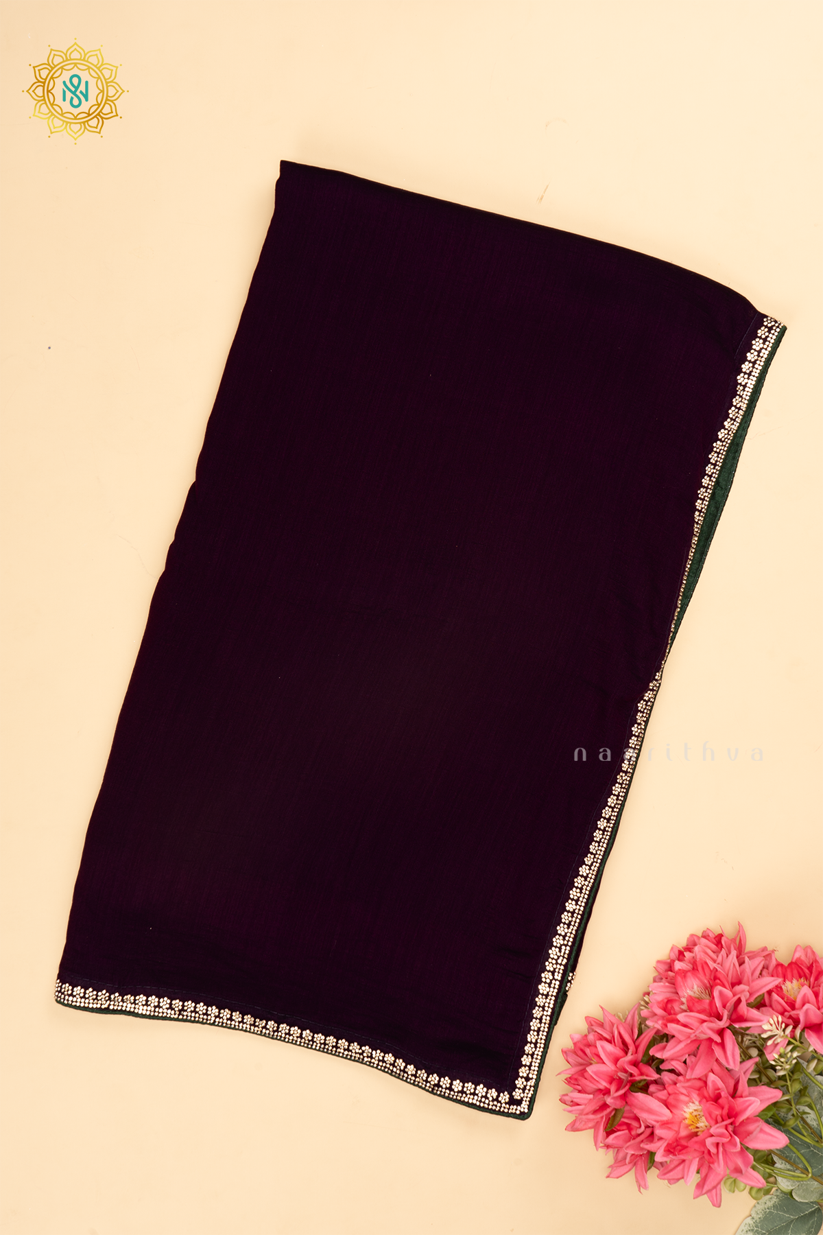 Purple with Green - Party Wear Tussar Georgette Saree Allover Plain Body with Stone Work Border, with Contrast Blouse