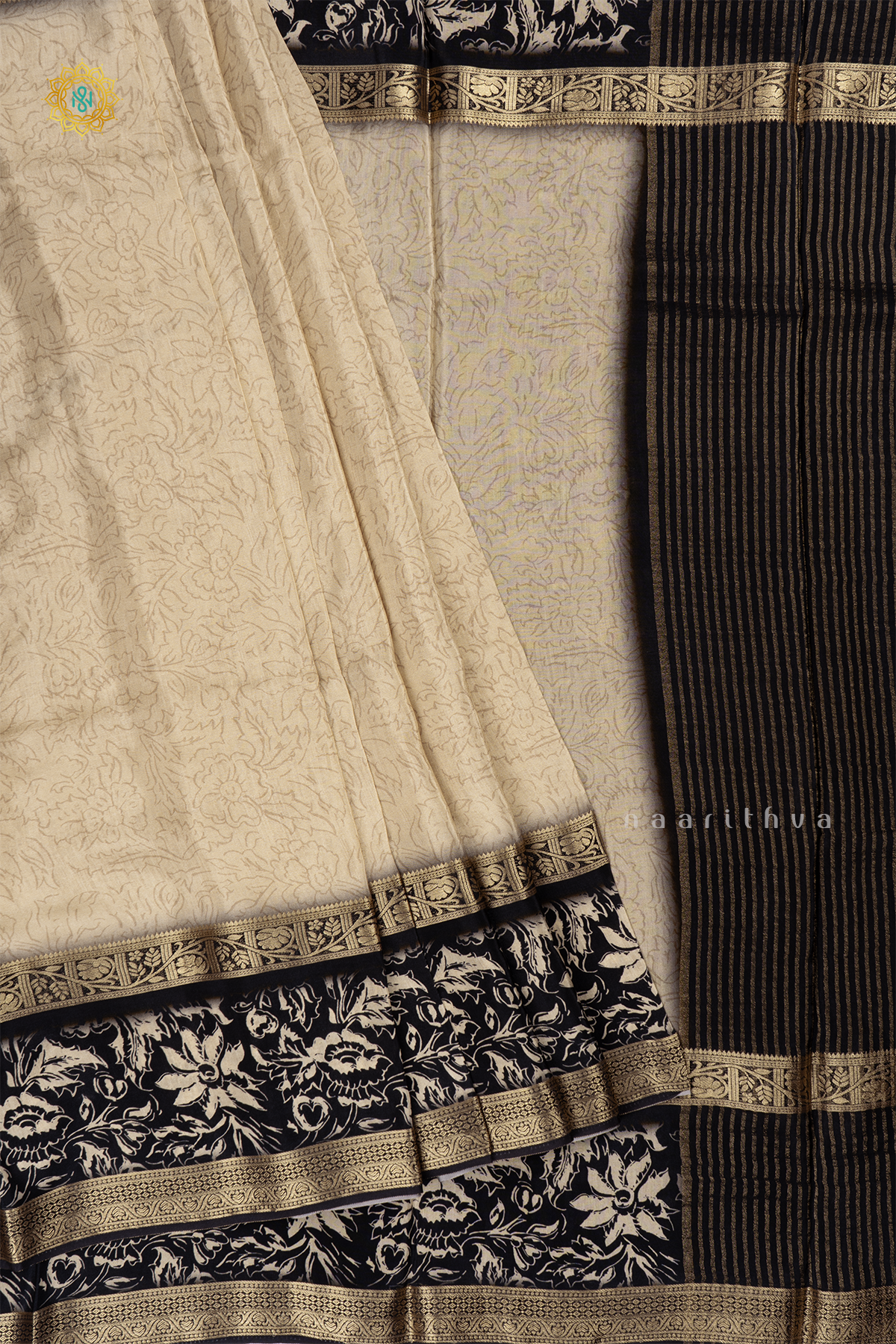 Off White With Black Printed Semi Crepe Silk Saree With Contrast Bentex Zari Border & Pallu