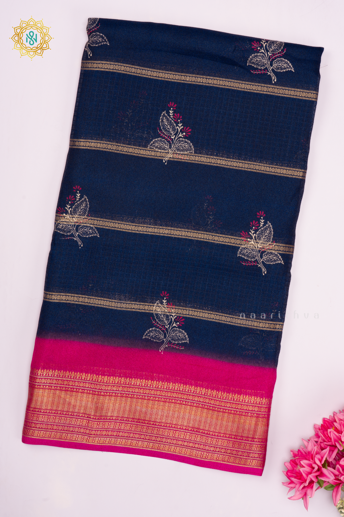 NAVY BLUE WITH PINK - SEMI GEORGETTE