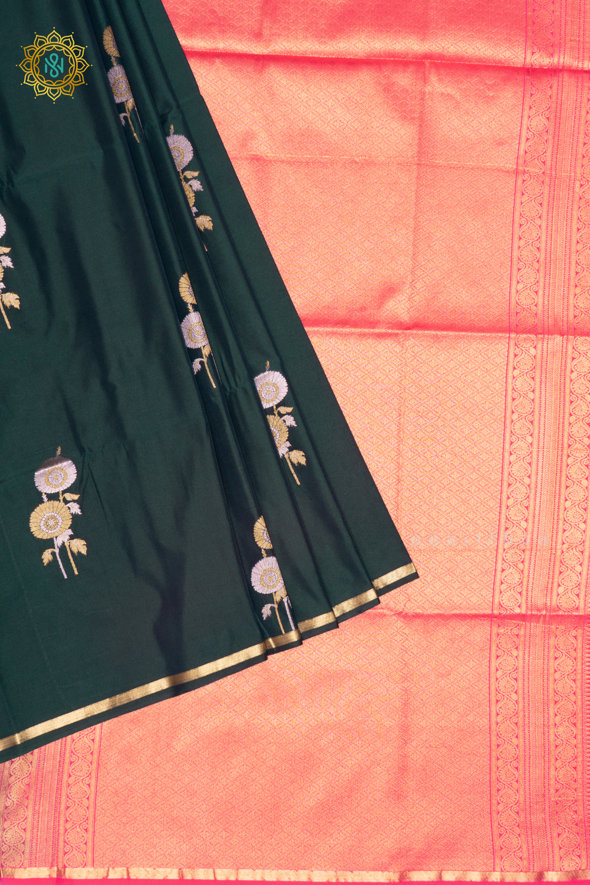 BOTTLE GREEN WITH PINK - SEMI  SOFT SILK SAREE ALLOVER ZARI BUTTAS AND CONTRAST GAP BORDER