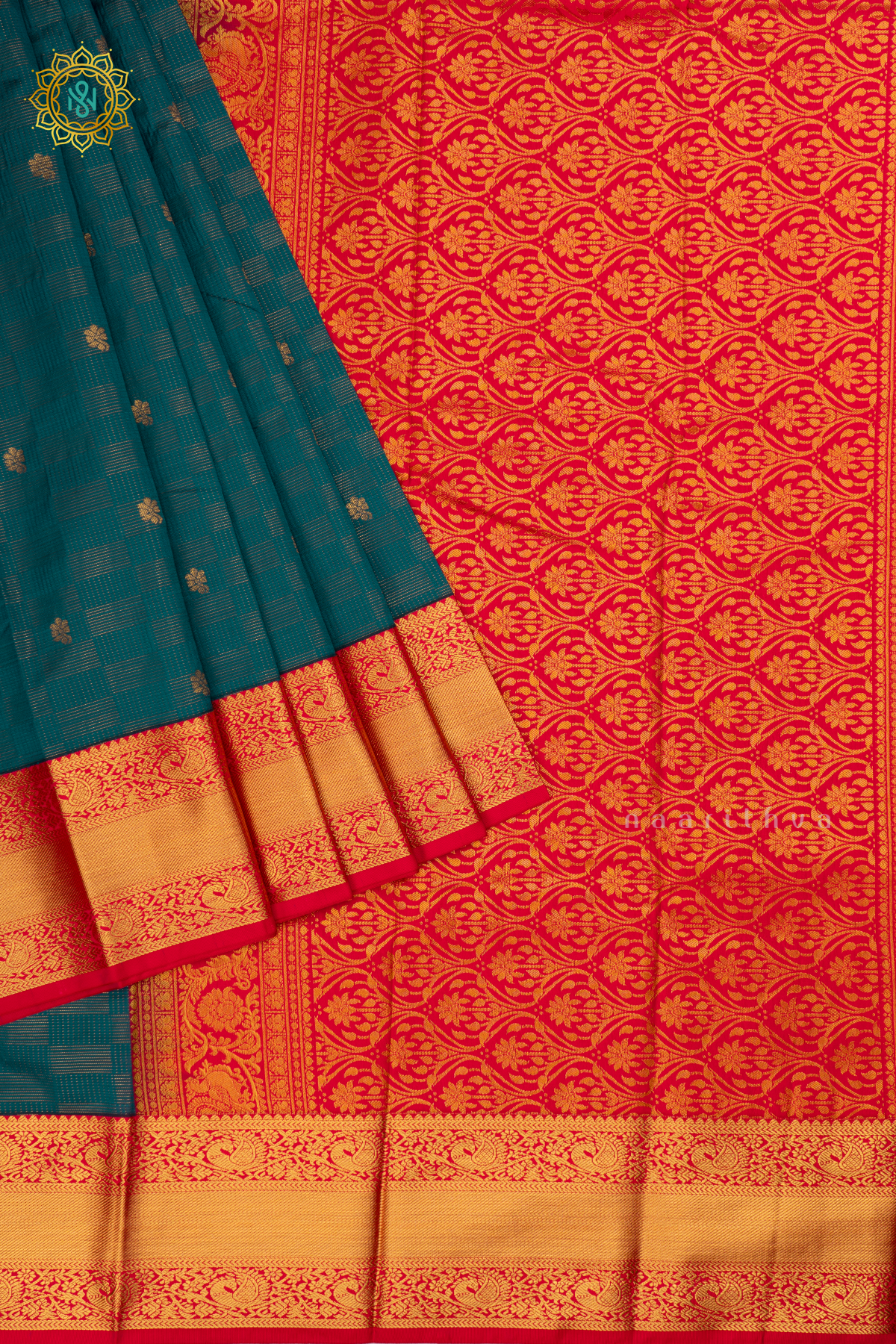 Peacock Blue with Rani Pink Semi Kanchi Saree With Zari Buttas All Over And Contrast Zari Border