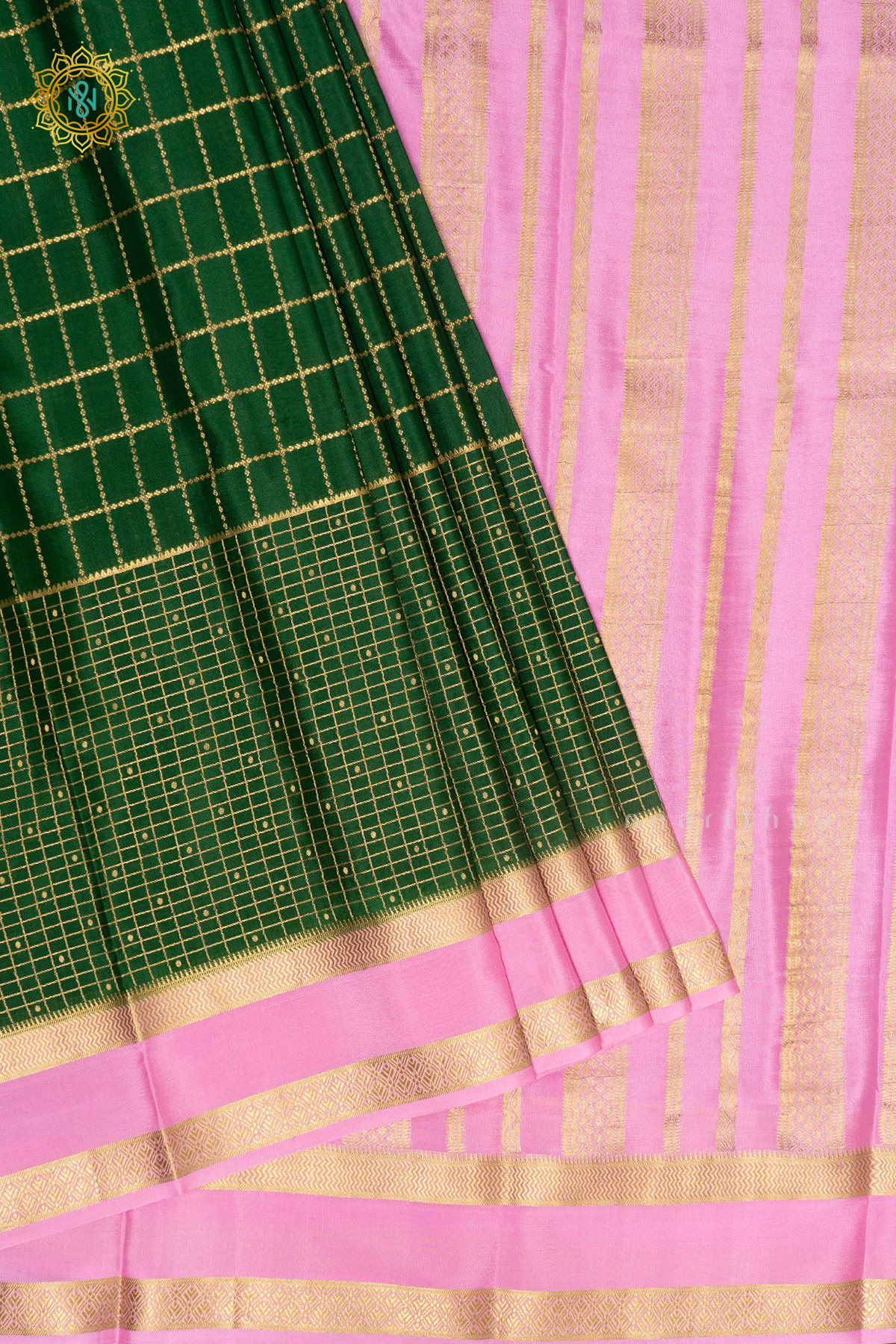 PRE-BOOKING - BOTTLE GREEN WITH BABY PINK - PURE MYSORE CREPE SILK