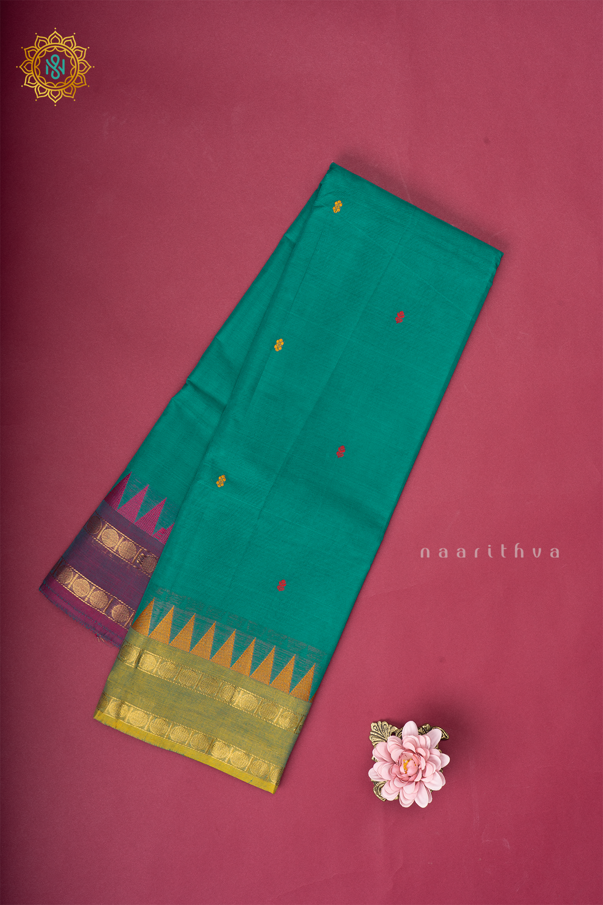 Aqua Green With Light Green & Magenta Chettinad Cotton Saree With Thread Woven Buttas & Ganga Jamuna Contrast Border