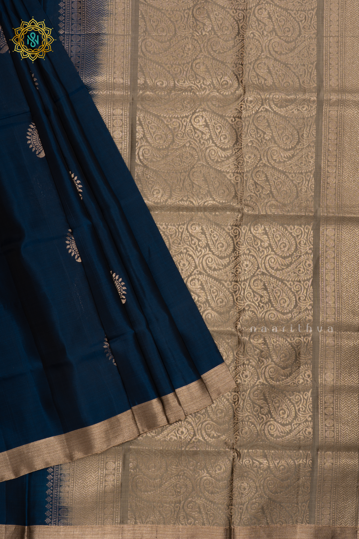 Navy Blue with Grey Pure Mix Kanjivaram Soft Silk Saree with All-Over Zari Buttas and a Contrast Zari Border