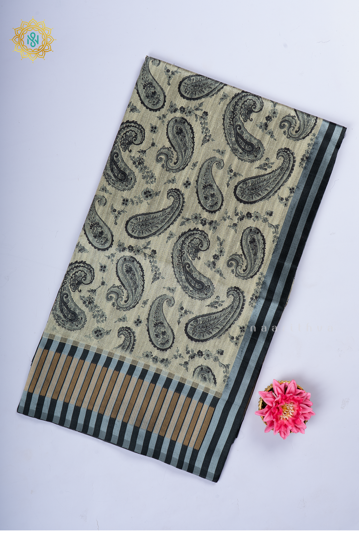 Beige With Black Semi Tussar Silk With Printed Body With Zari Border & Pallu
