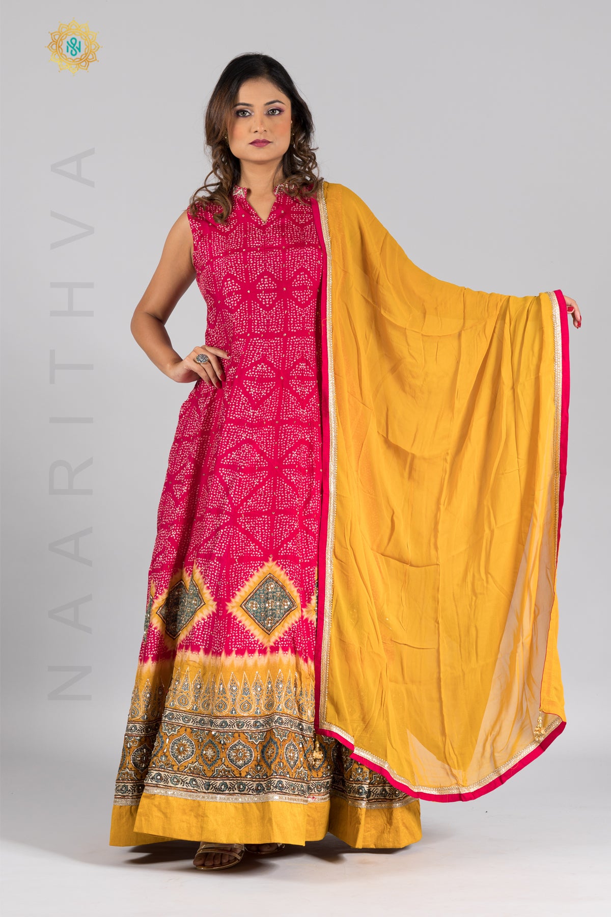PINK & YELLOW - PARTY WEAR GOWN WITH NECK LINE HAND WORK & DUPATTA