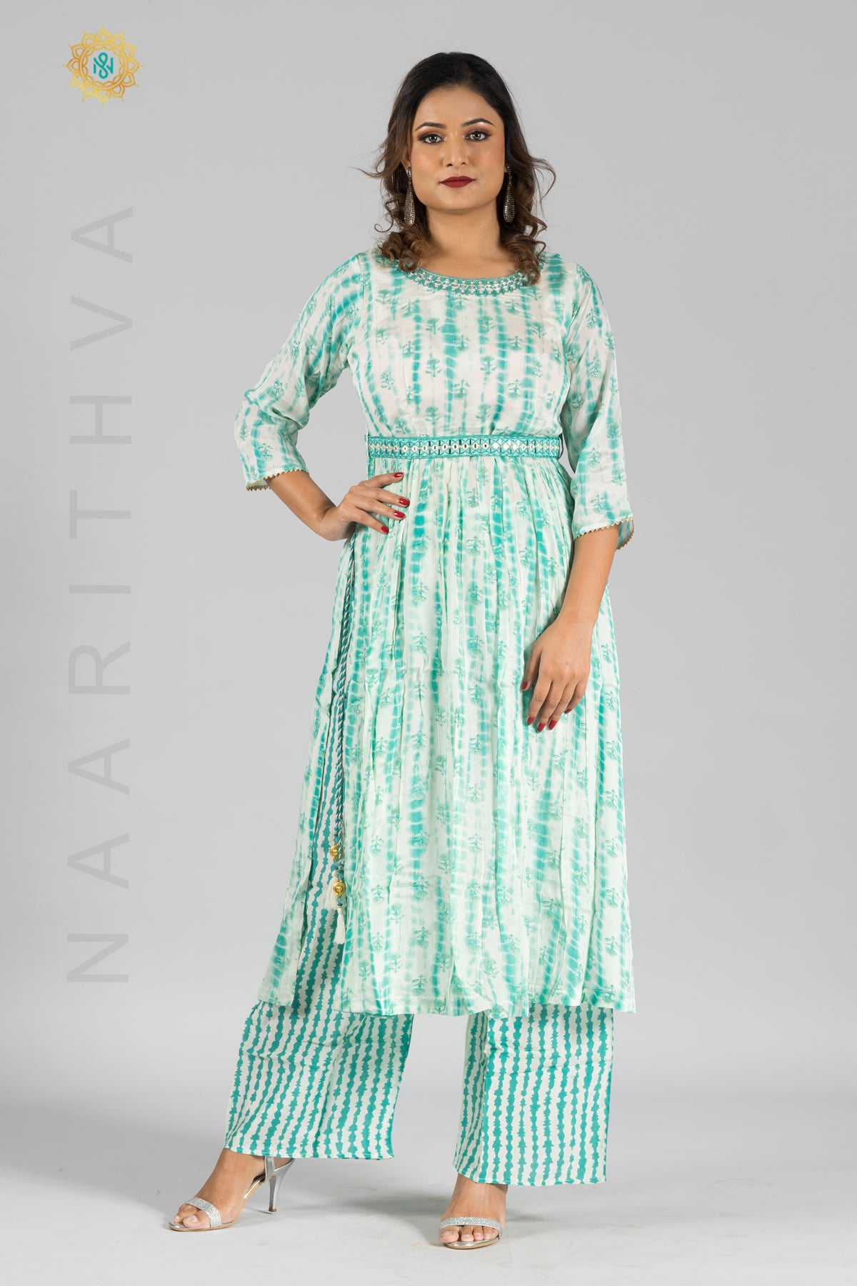 GREEN & WHITE - PARTY WEAR NAYRA CUT SALWAR SUIT WITH PARALLEL CUT PANT & DUPATTA