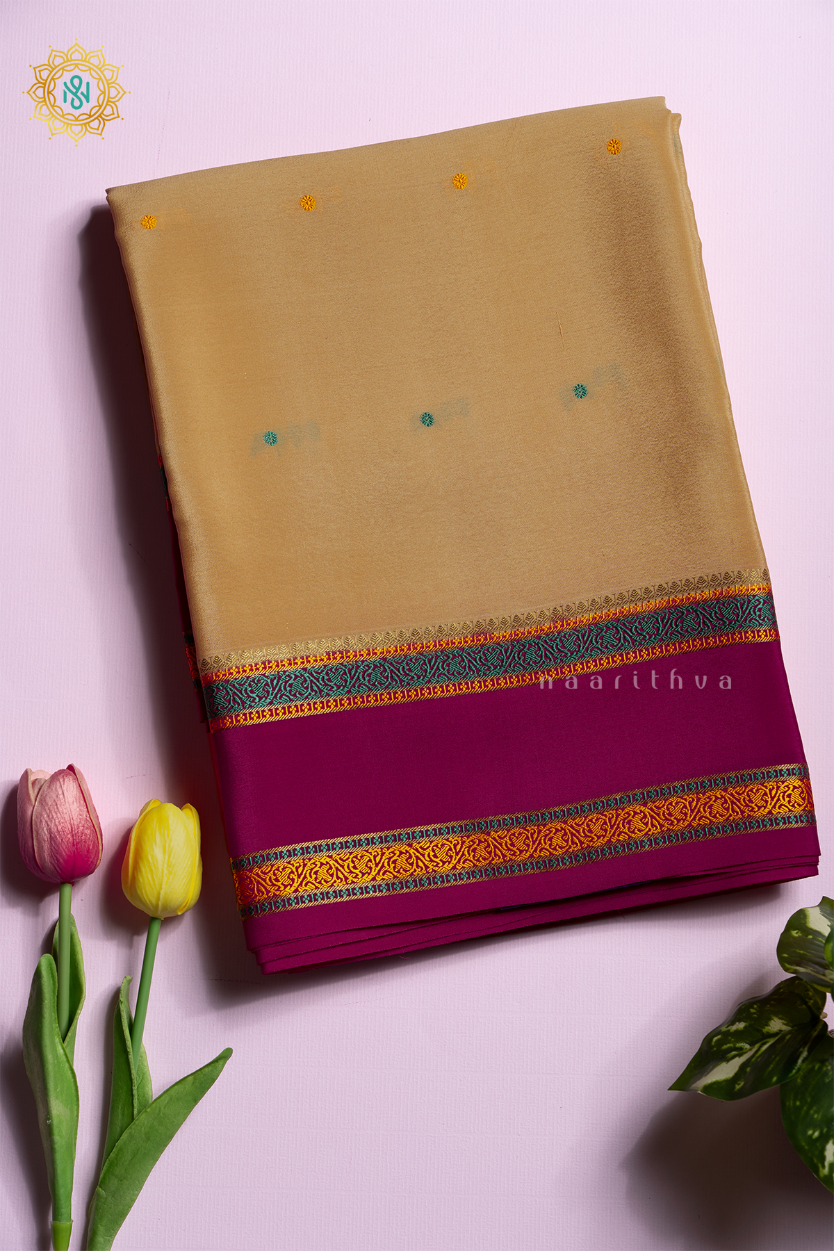 BEIGE WITH PINK - PURE MYSORE CREPE SILK