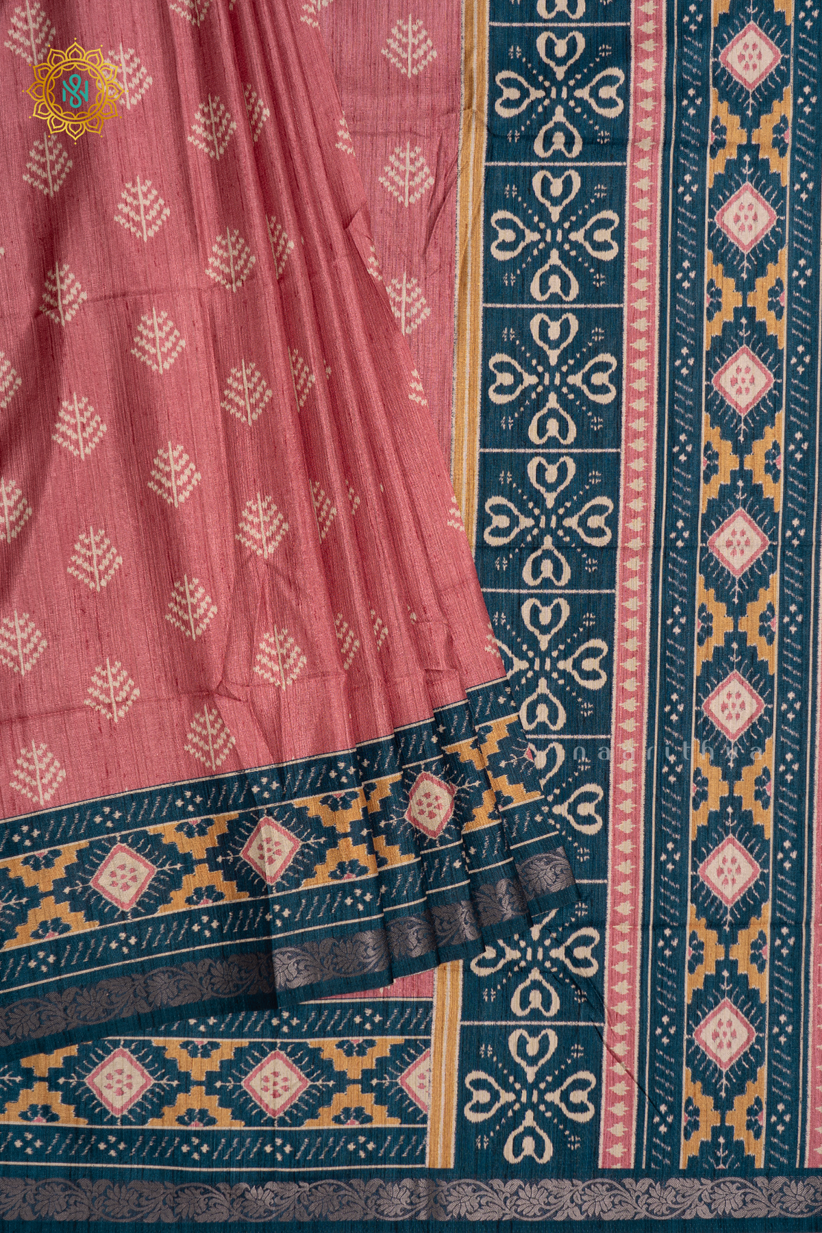 PINK WITH INK BLUE  - SEMI KOTHA CREPE WITH PRINTED BODY AND ZARI BORDER