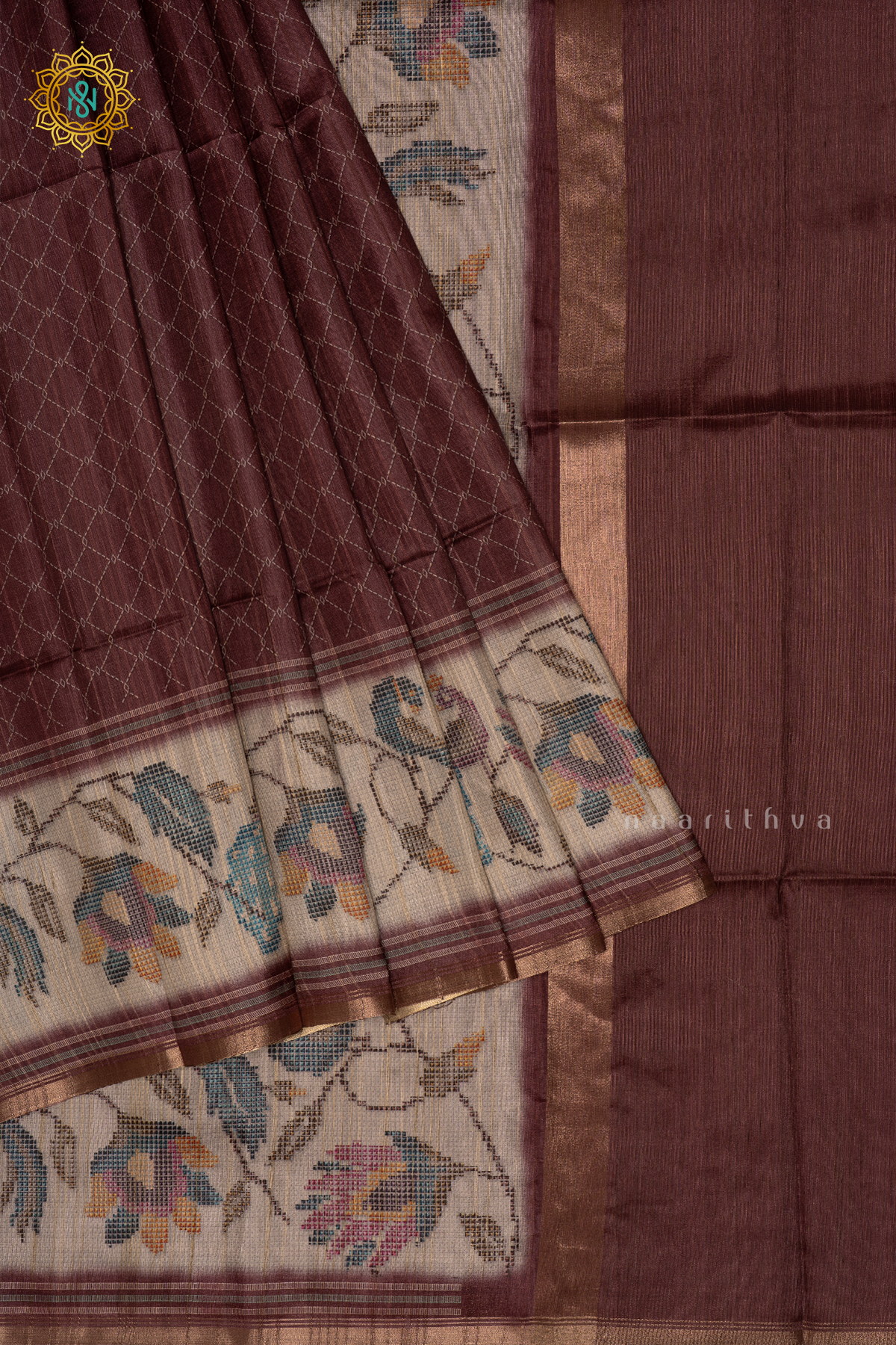 Brown Semi Tussar Silk Saree With Printed Body And Printed Border
