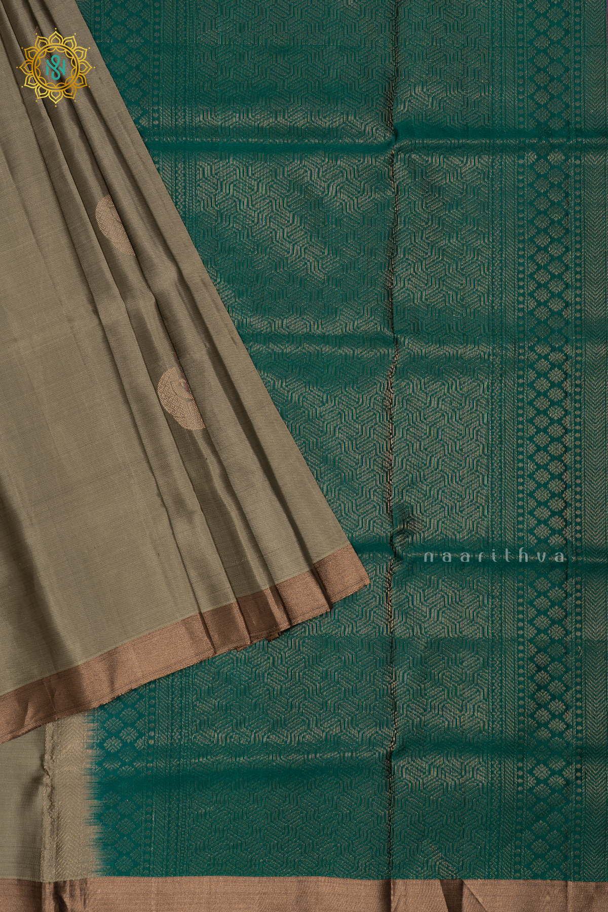Sage Green with Green Pure Mix Kanjivaram Soft Silk Saree with All-Over Zari Buttas and a Contrast Zari Border