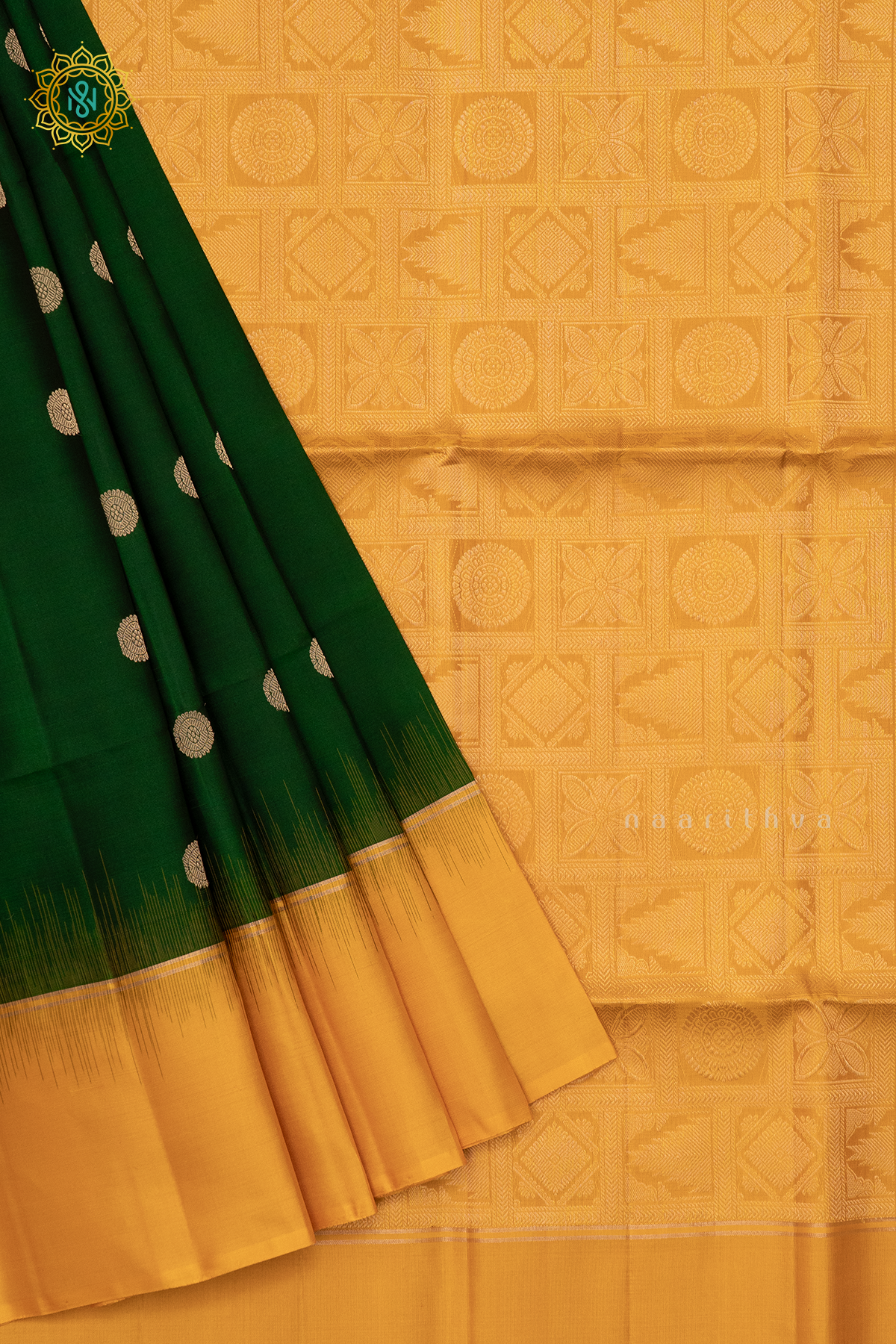 BOTTLE GREEN WITH YELLOW - PURE KANJIVARAM SOFT SILK