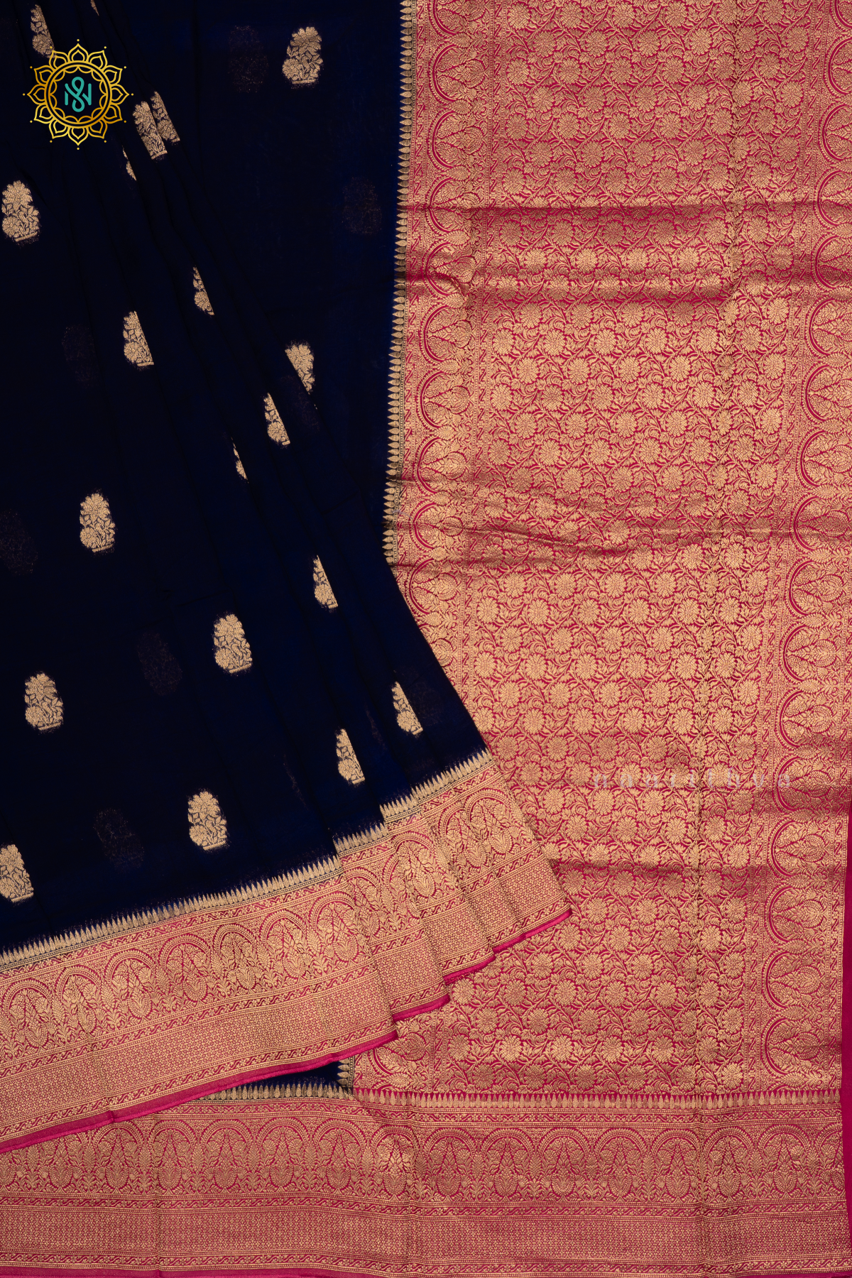 Navy Blue with Pink Pure-Mix Banarasi Crepe Saree with All-Over Zari Buttas and a Contrast Zari Border