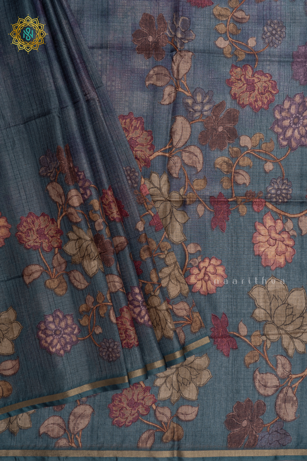 Grey Printed Kota Tussar Saree With Pallu & Blouse
