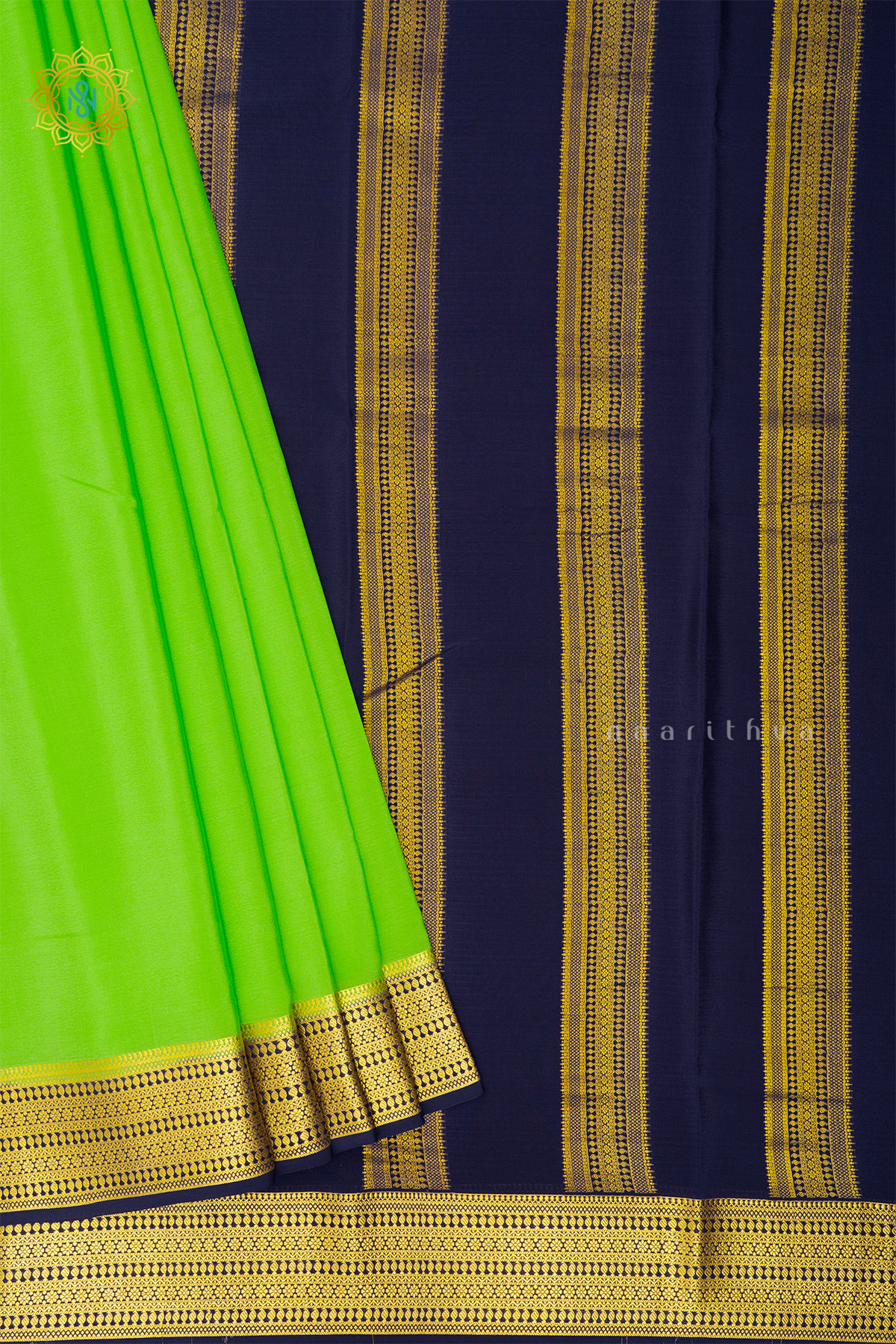 PARROT GREEN WITH NAVY BLUE - PURE MYSORE CREPE SILK