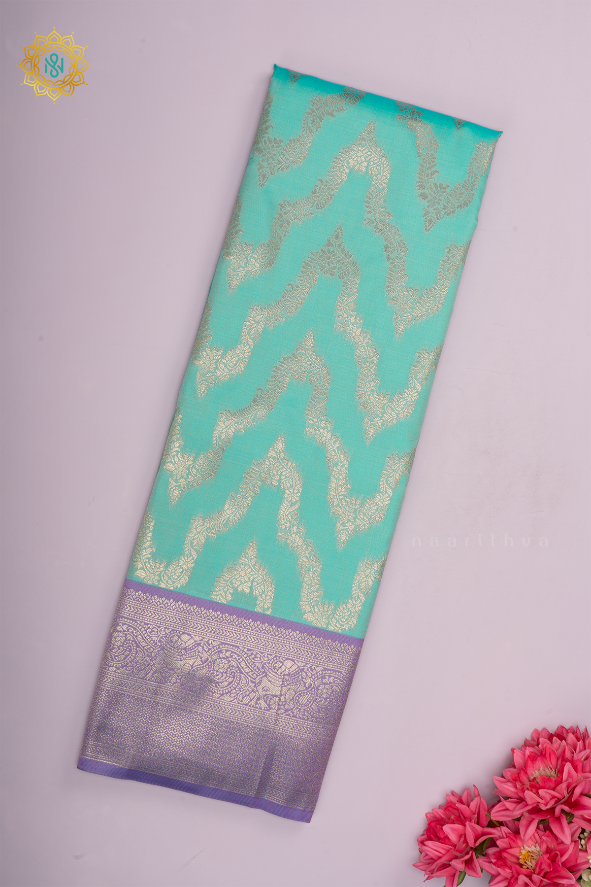 PRE BOOKING AQUA BLUE WITH LAVENDER - SEMI KANCHI