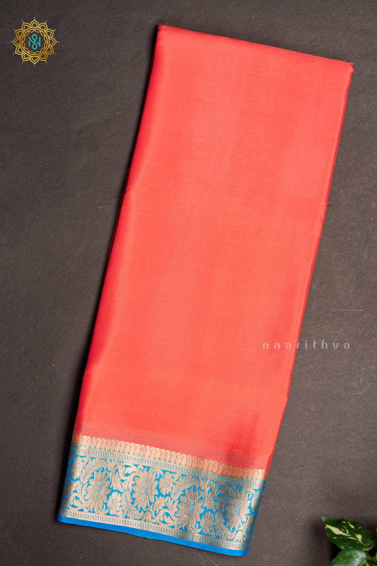 PEACHISH ORANGE WITH SKY BLUE - PURE MYSORE CREPE SILK