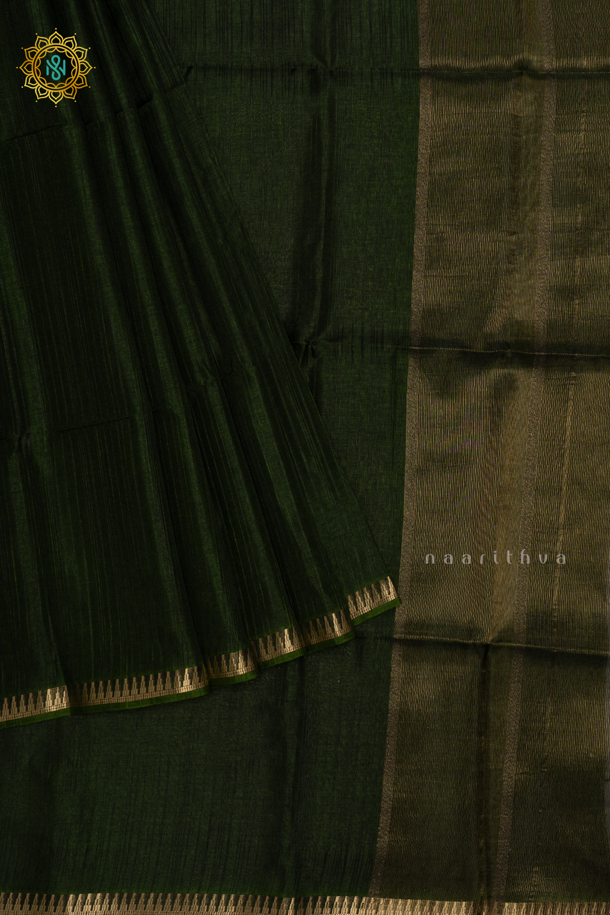 BOTTLE GREEN - SEMI RAW SILK ALLOVER PLAIN BODY WITH TEMPLE ZARI BORDER