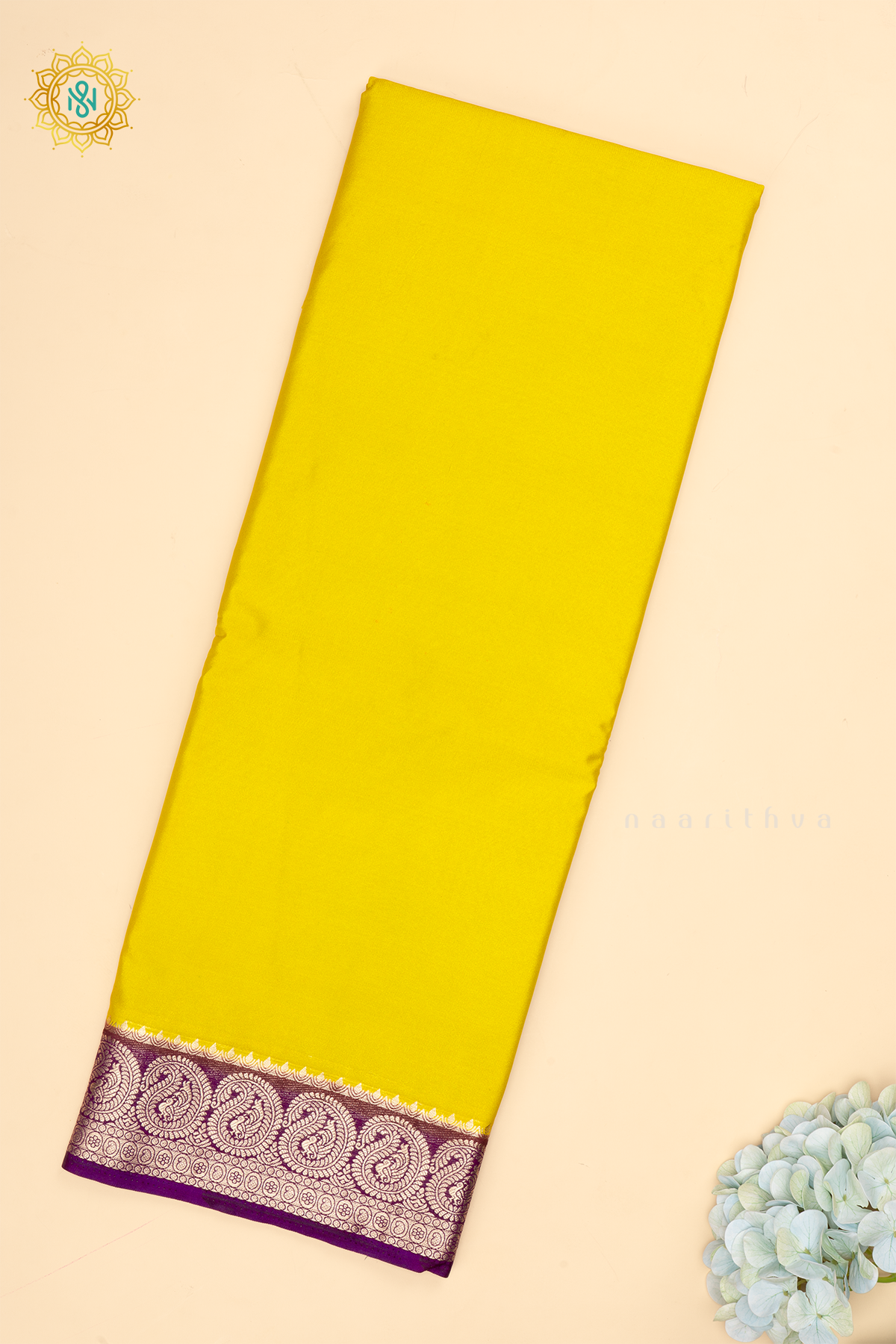 Yellow With Purple Semi Mysore Crepe Saree With Plain Body And  Contrast Mango Zari Border