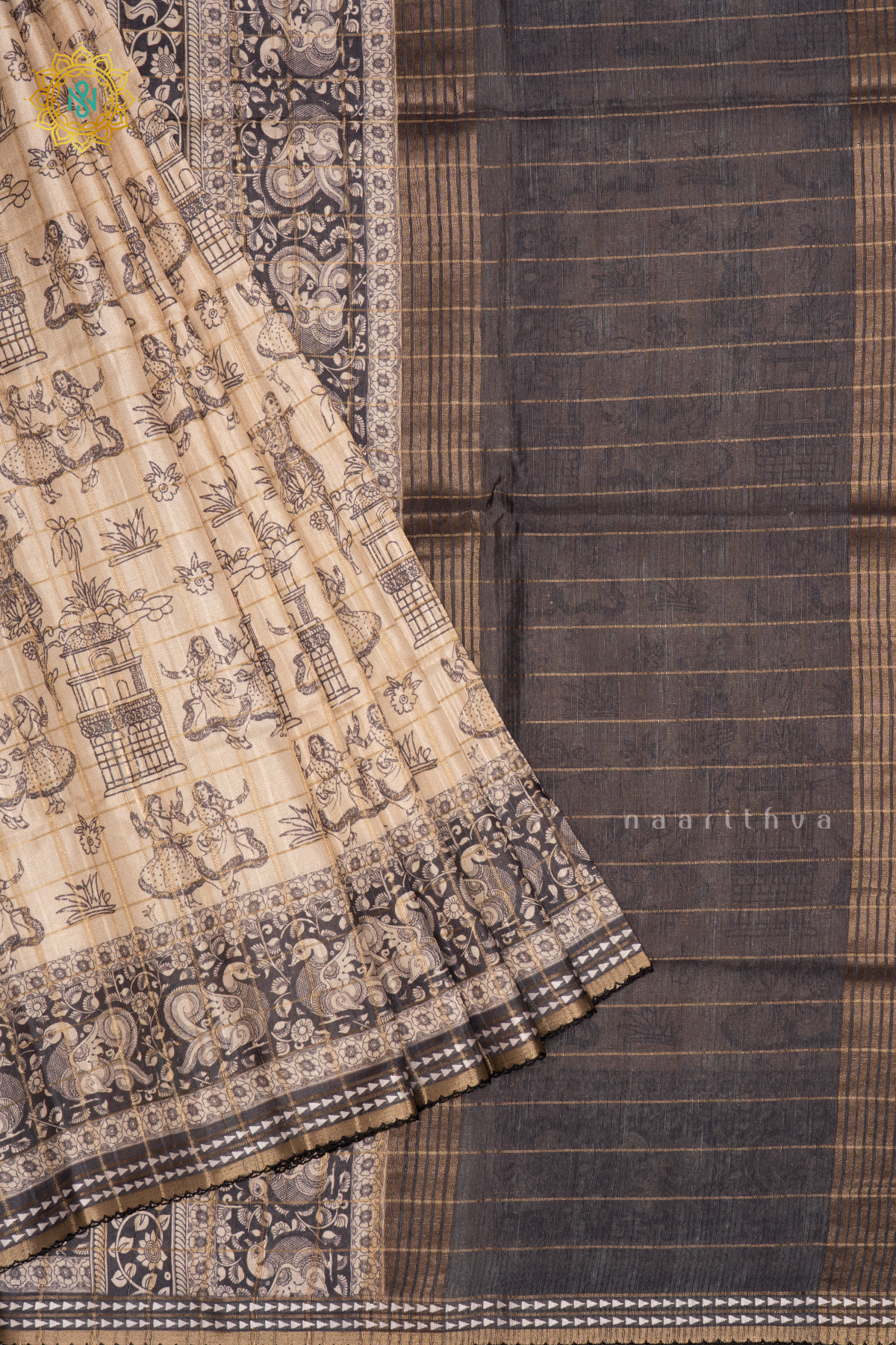 Off White With Elephant Grey Semi Tussar Silk Saree Allover Printed And Zari Striped Body With Thread Woven Tissue Border