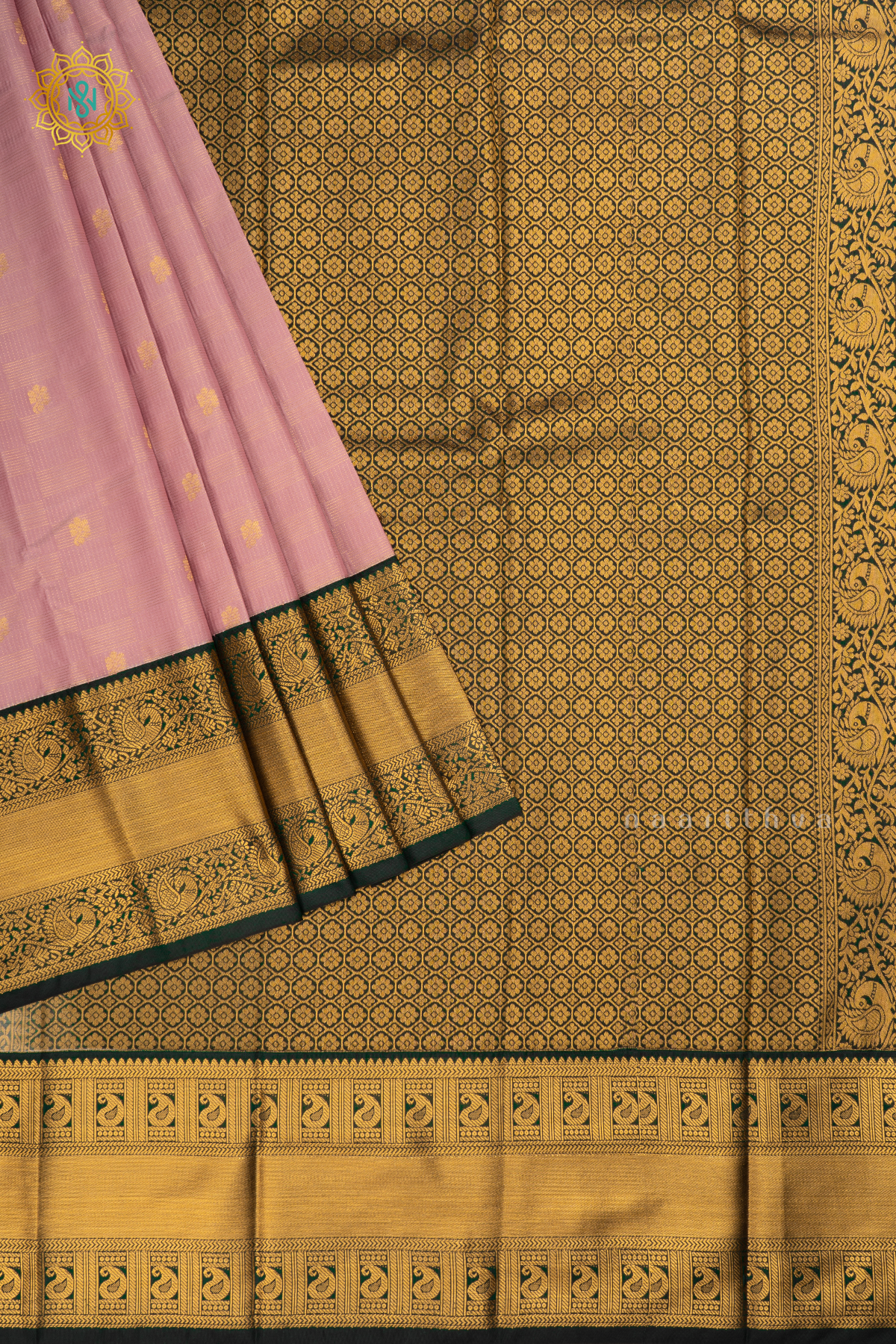 Pinkish Lavender with Dark Peacock Green Semi Kanchi Saree With Zari Buttas All Over And Contrast Zari Gap Border