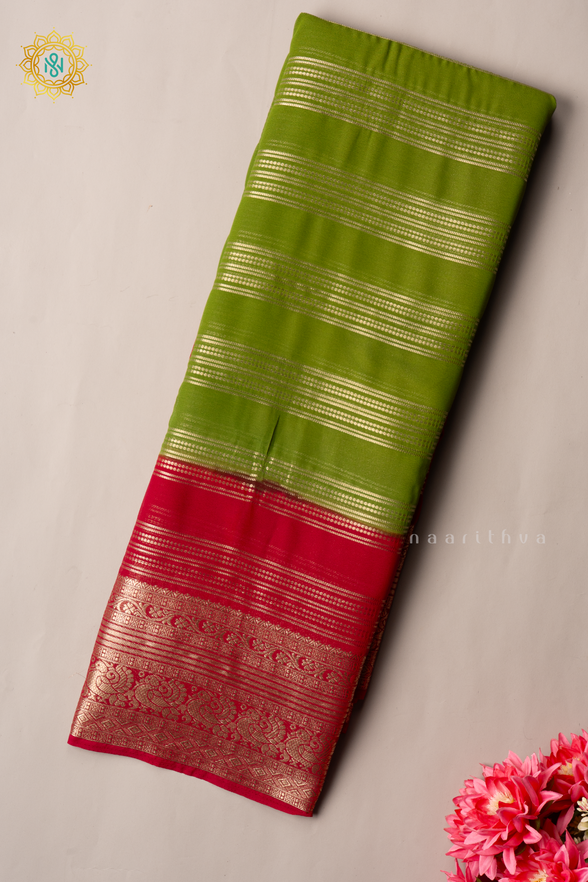 PARROT GREEN WITH PINK - SEMI CREPE GEORGETTE
