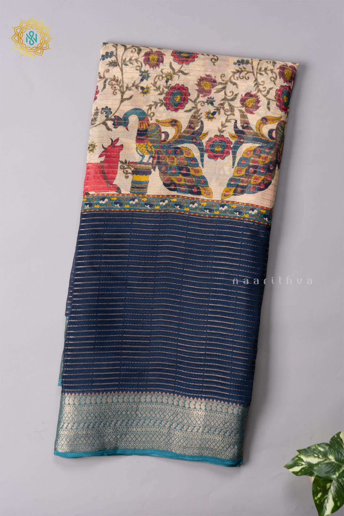 OFF WHITE WITH TEAL BLUE & SKY BLUE - SEMI GEORGETTE