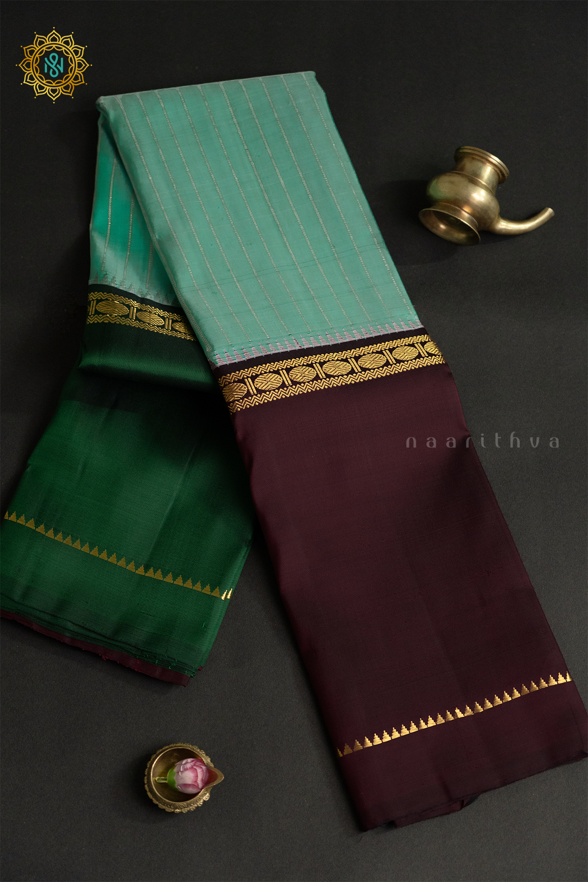 AQUA GREEN WITH BOTTLE GREEN & MAROON - PURE KANJIVARAM SILK