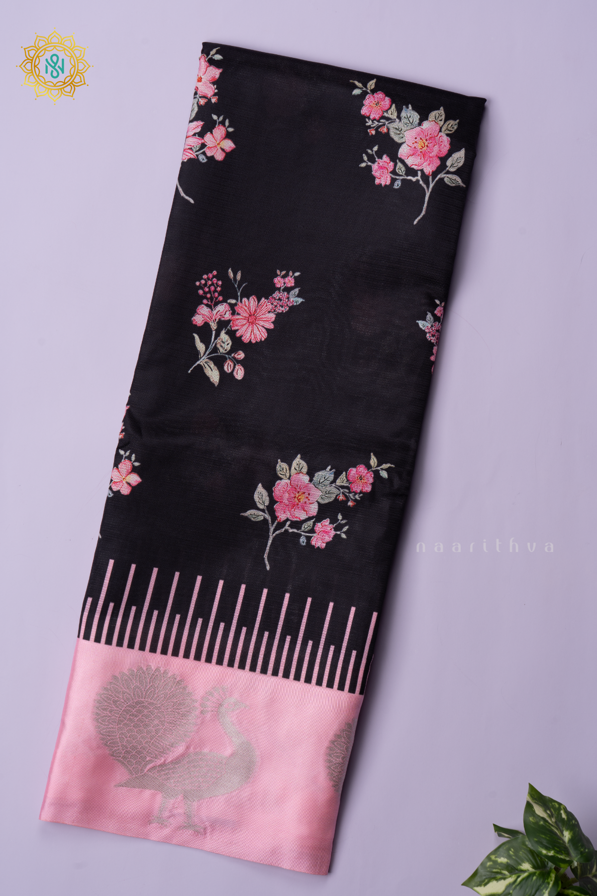 BLACK WITH PEACH - SEMI CREPE SILK