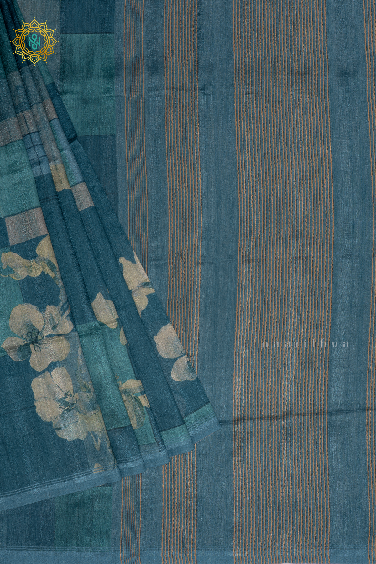 Peacock Blue Semi Gicha Tussar Saree With Printed Body, Pallu And Blouse