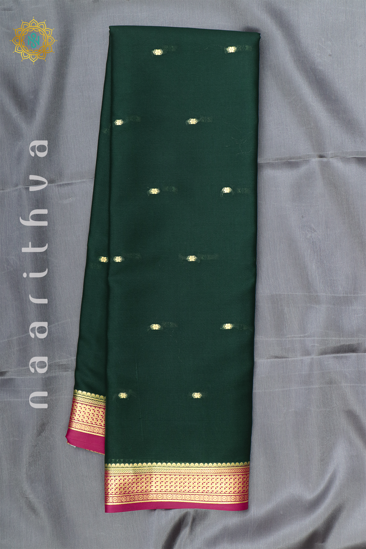 BOTTLE GREEN WITH PINK - PURE MYSORE CREPE SILK