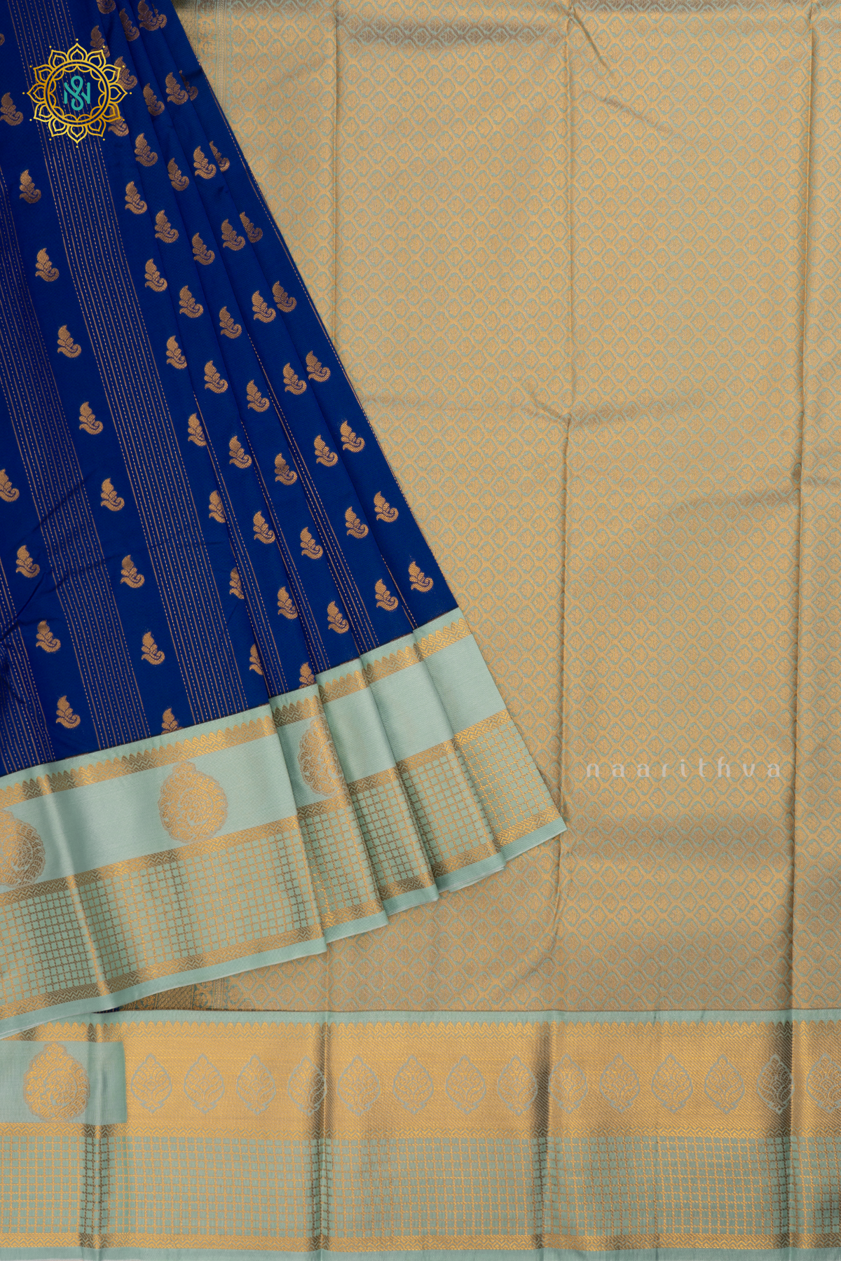 Royal Blue With Aqua Green Semi Kanchi Saree With Zari Buttas All Over And Contrast Zari Border