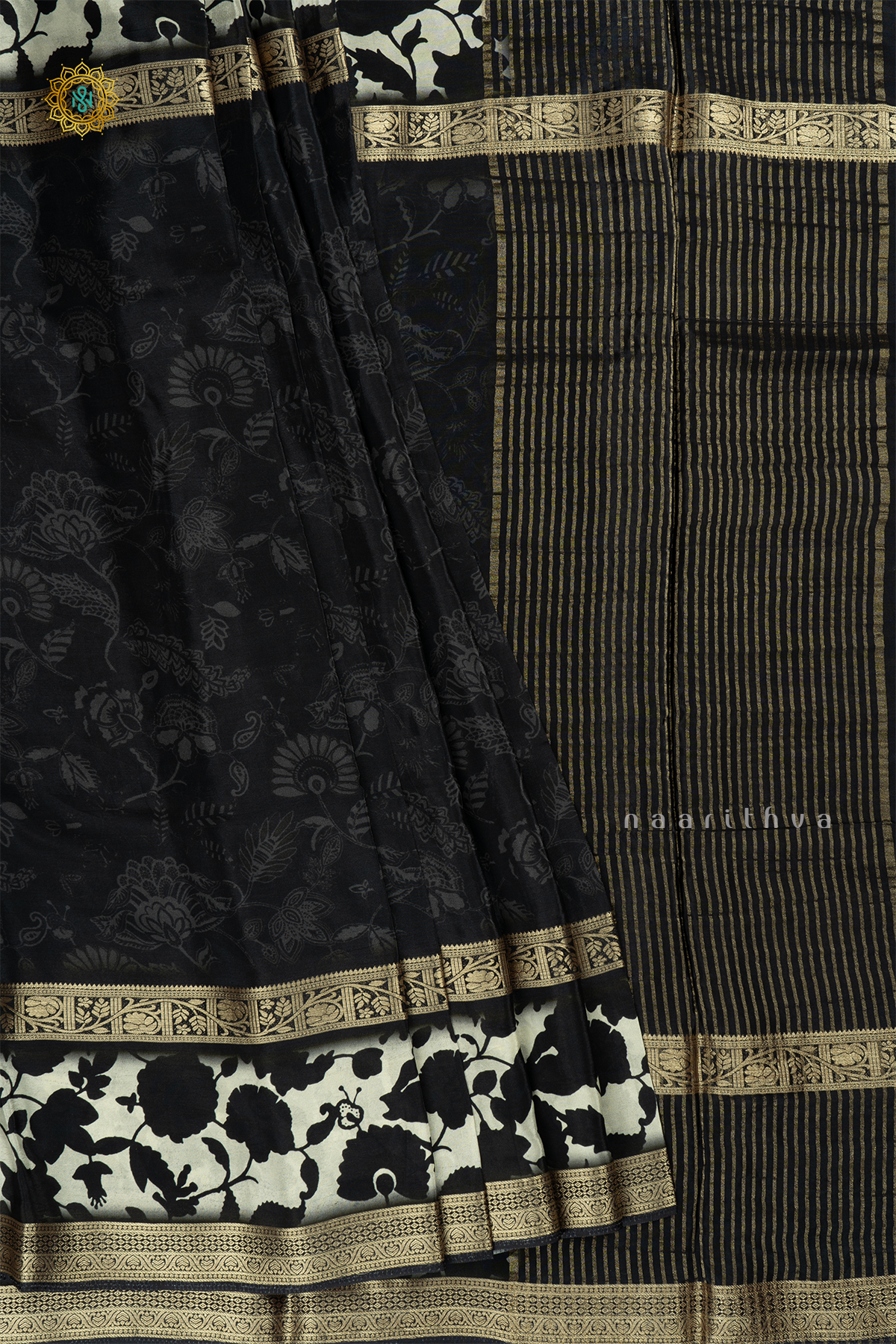 Black With Off White Printed Semi Crepe Silk Saree With Contrast Bentex Zari Border & Pallu