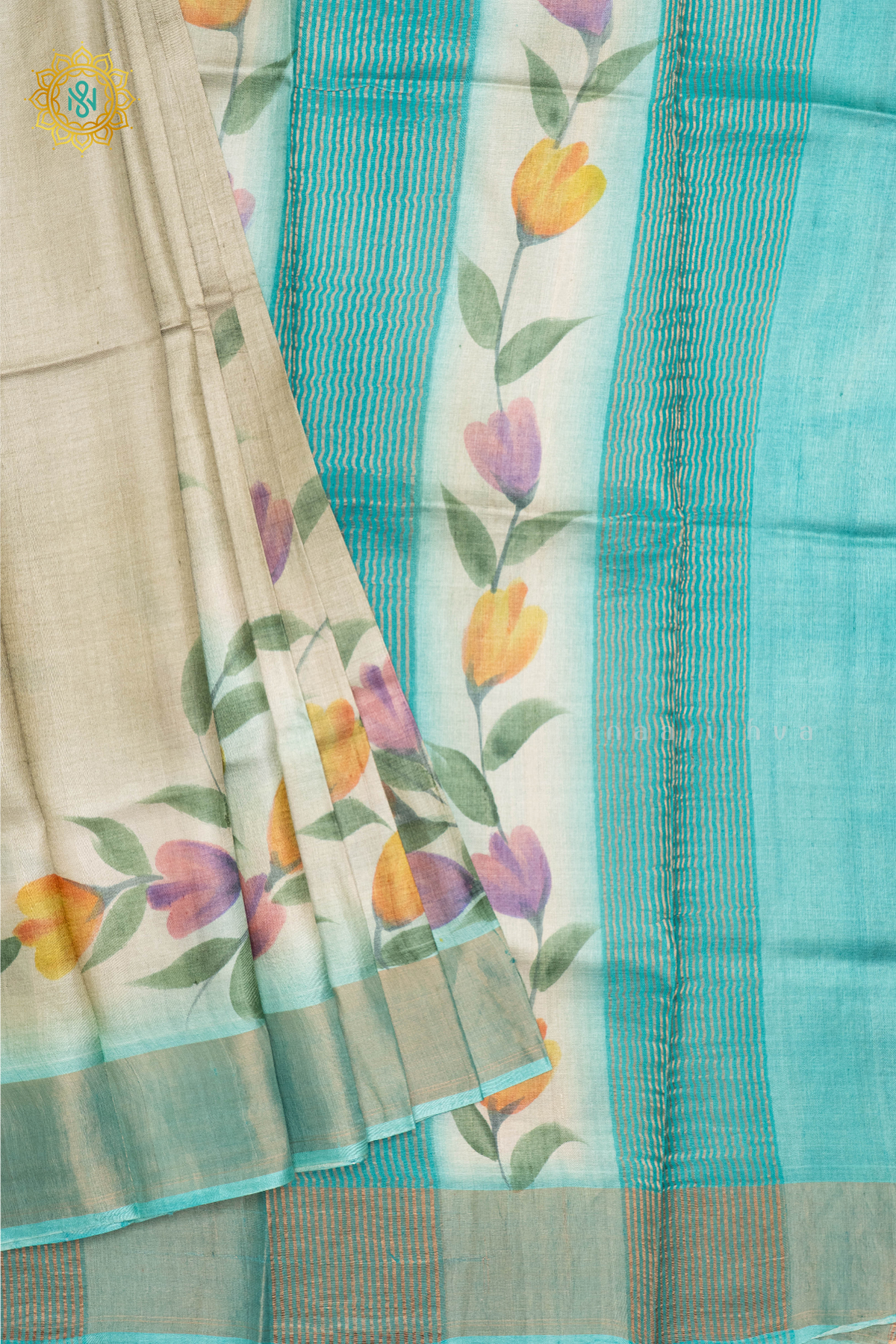 SAGE GREEN WITH AQUA GREEN - PURE TUSSAR SILK WITH HAND PAINTED