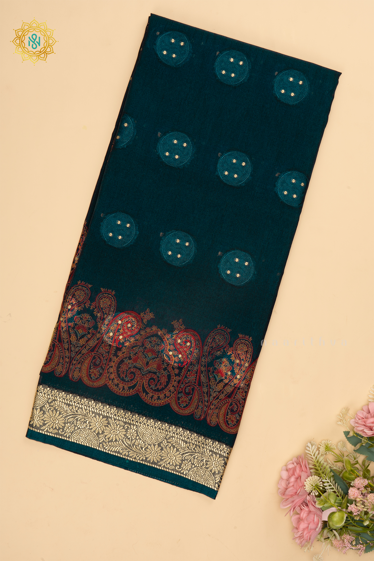 PEACOCK BLUE - SEMI GEORGETTE PRINTED BODY WITH ZARI BORDER