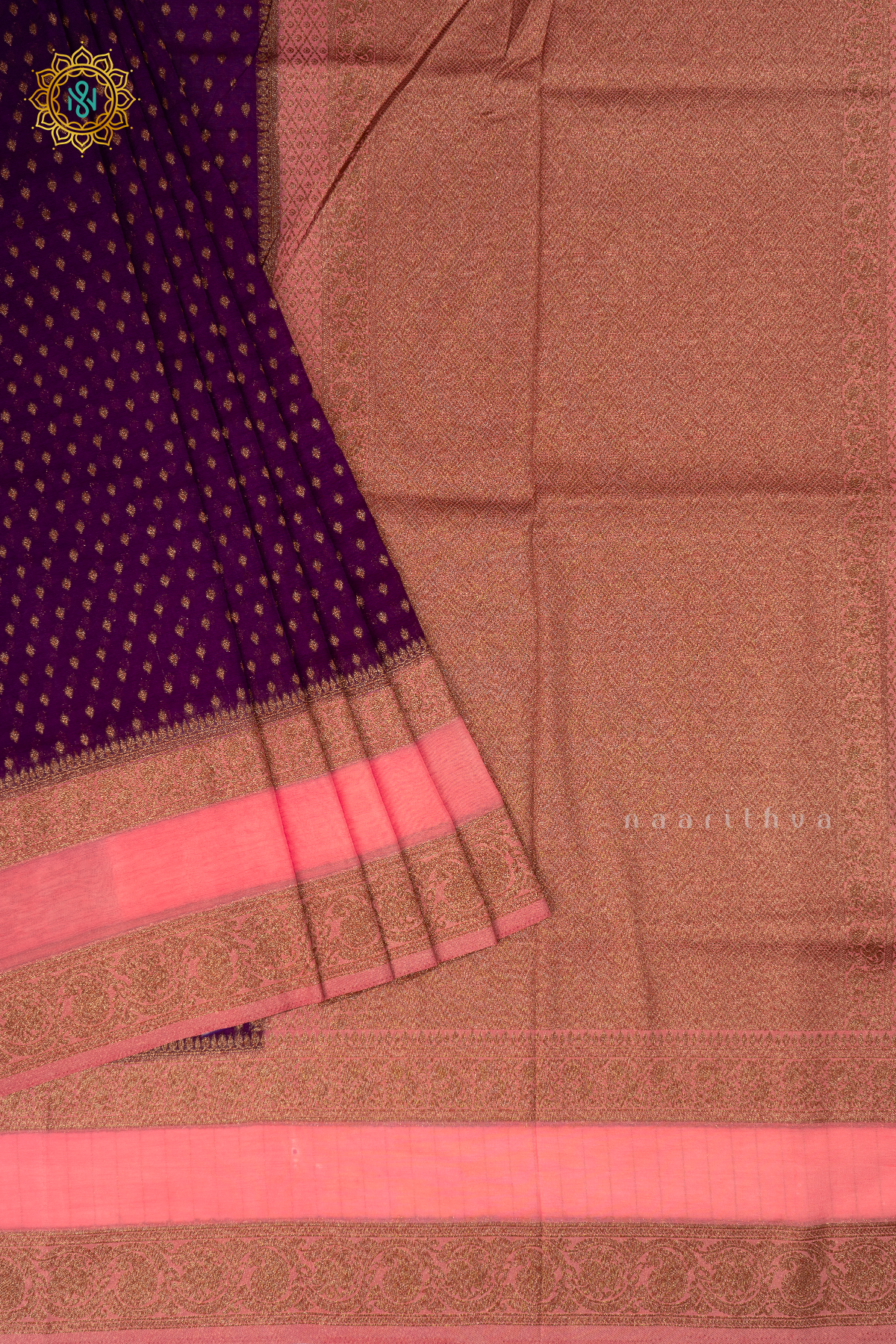 Purple With Peachish Pink Semi Georgette Saree With Zari Buttas All Over  And Contrast Zari Gap Border