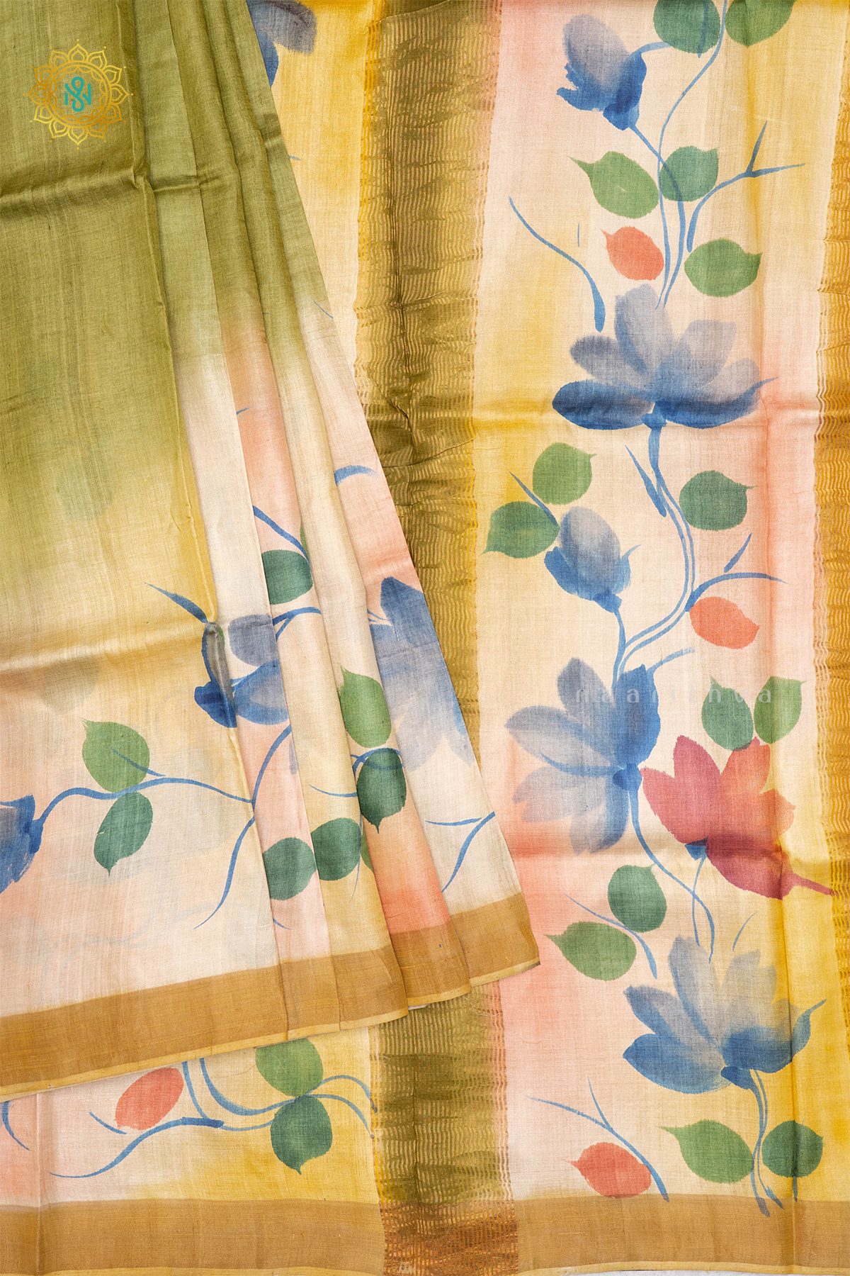 PARROT GREEN WITH MUSTARD - PURE TUSSAR SILK