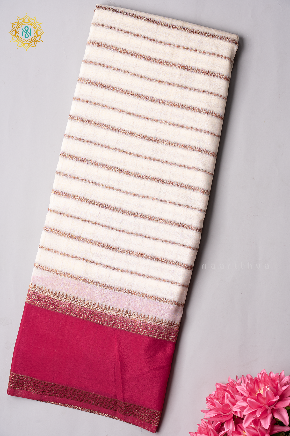 WHITE WITH PINK - SEMI CREPE GEORGETTE