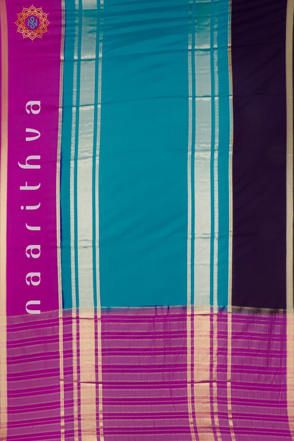 SKY BLUE WITH PINK & NAVY BLUE - SEMI MYSORE CREPE SILK