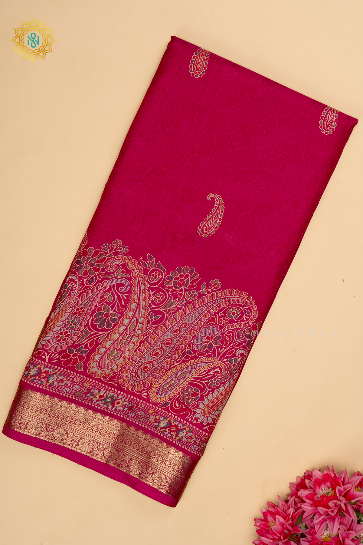 Pink - Semi Georgette Saree Printed Body With Zari Border